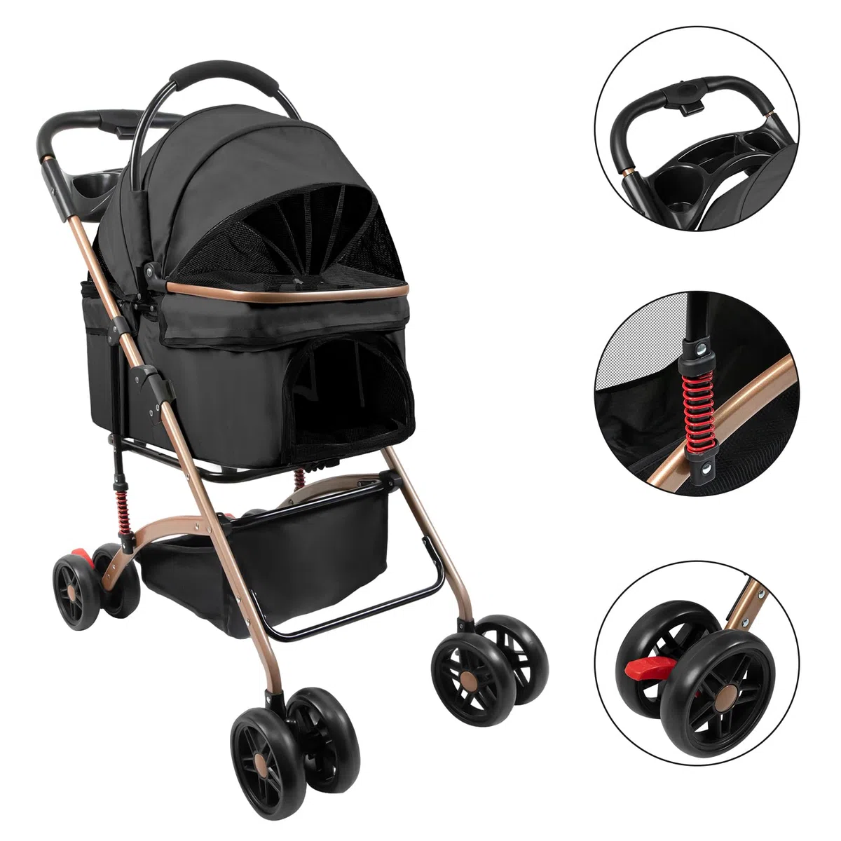 Hundewagen 3 in 1 Faltbarer Hundebuggy, Hundewagen, Kinderwagen für kleine Hunde, Katzen, Abnehmbarer Korb, Tragbarer Kinderwagen, Netzfenster, Oxfordstoff, Bis 20kg (Schwarz)