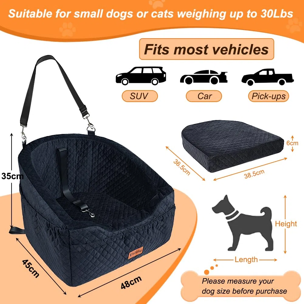 Vivifying Hundeautositz für kleine Hunde, abnehmbare und waschbare Sitzerhöhung für Haustiere bis zu 9 kg, Reisebett mit Staufächern und Sicherheitsgurt (Schwarz)