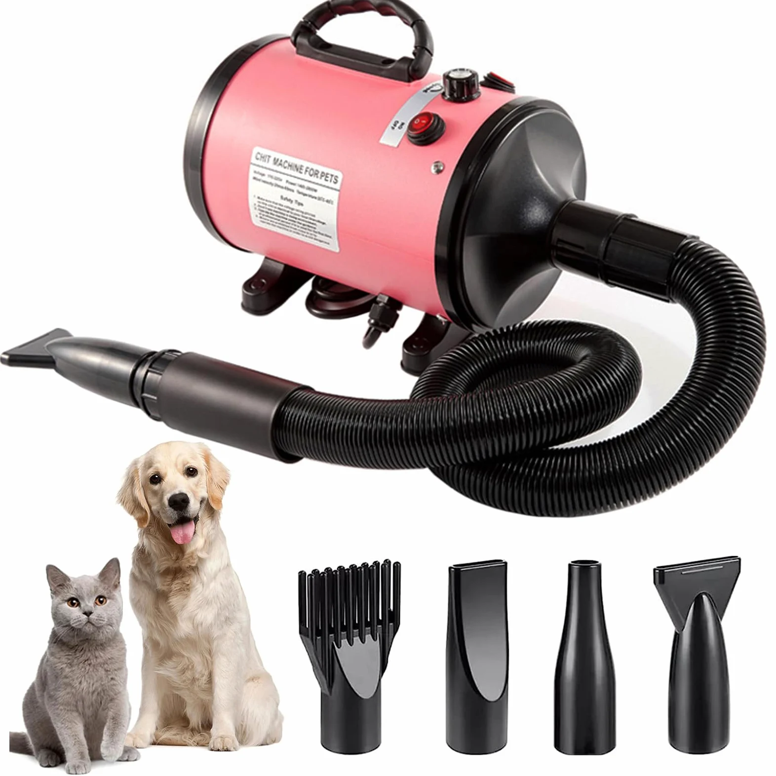 Hundefön Pet Dryer, 2800W Blower Hundefön, Hundefön sehr leise Einstellbare Geschwindigkeit und Wärme, Hundetrockner Haustier Hundepflege Haartrockner-Trockner-Gebläse mit 4 Verschiedenen Düsen (Rosa)