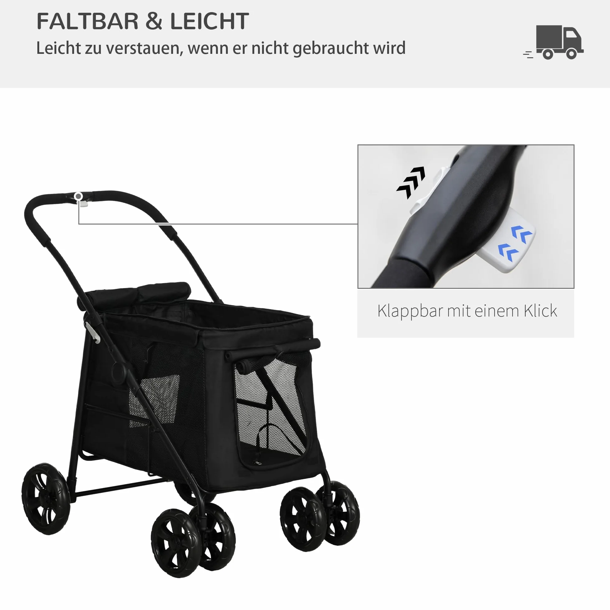 PawHut Hundewagen, faltbarer Hundebuggy, Hundetrolley mit Kissen, Katzenbuggy bis 20 kg, Katzenwagen für kleine und mittelgroße Hunde mit Seitentaschen, Netzfenster, Oxford-Gewebe, Schwarz