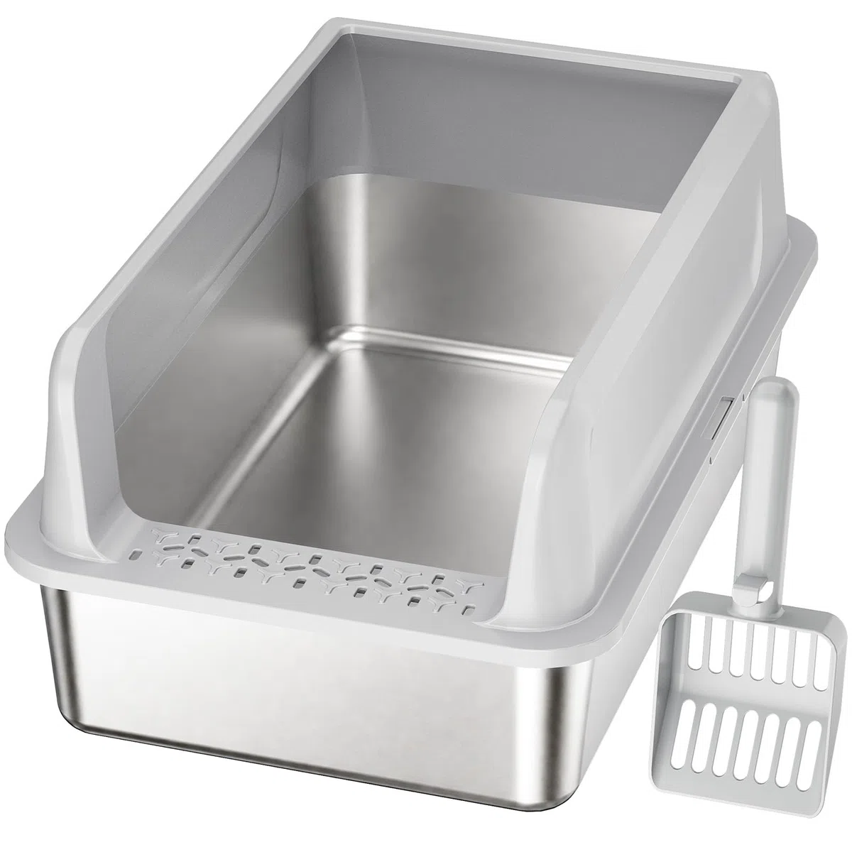 Lifewit Große Katzenklo Edelstahl mit Schaufel, Offene Katzentoilette mit hohem Rand für Mittelgroße und Große Katzen, Geruchsarm Katzen Klo, Cat Litter Box, leicht zu reinigen, 58x37x26cm, Grau