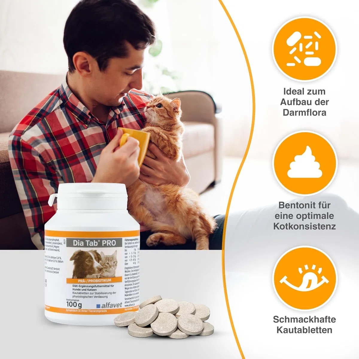 alfavet Dia Tab PRO 100 g – Diät-Ergänzungsfuttermittel für Hunde & Katzen – Prä- & Probiotika zur Stabilisierung der Verdauung – Leckere Kautabletten mit Bentonit zur Unterstützung der Darmflora