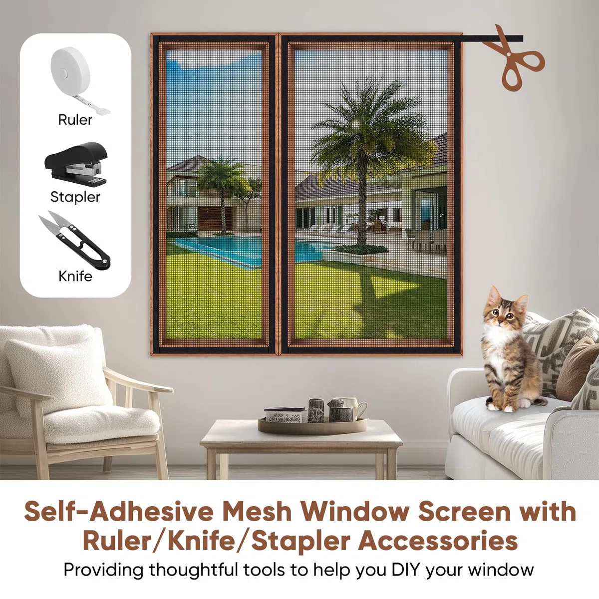 MYPIN Einstellbare Katzenschutz Fenster Netz Mit Selbstklebeband, DIY Größe, Katzennetz Balkon Fenster Transparent Netzgitter, Fliegengitter, Max. 130x150 cm, mit Lineal/Messer/Hefter (Schwarz)