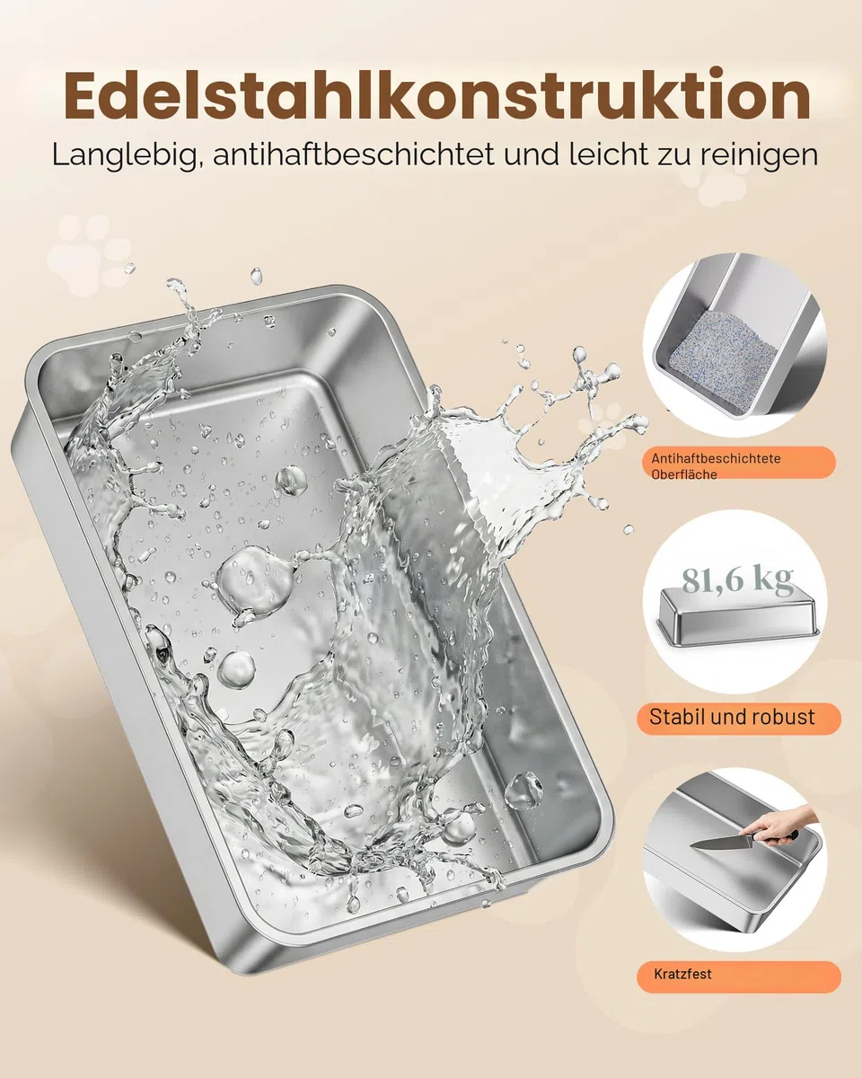 Katzenklo Edelstahl, Katzentoilette Groß XXL mit Schaufel, Katzenklo mit Abnehmbares Hoher Rand, Halbgeschlossene Katzentoilette Metall für Katzen, Geruchsfrei, Leicht zu Reinigen, Hellgrau