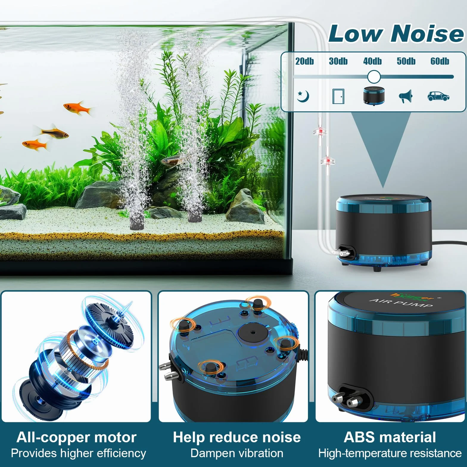 hygger 4W Aquarium Luftpumpe, 900L/H Dual Outlet Powerful Fish Tank Air Pump, Einstellbarer Aquarium Oxygenator up to 450L Aquariums