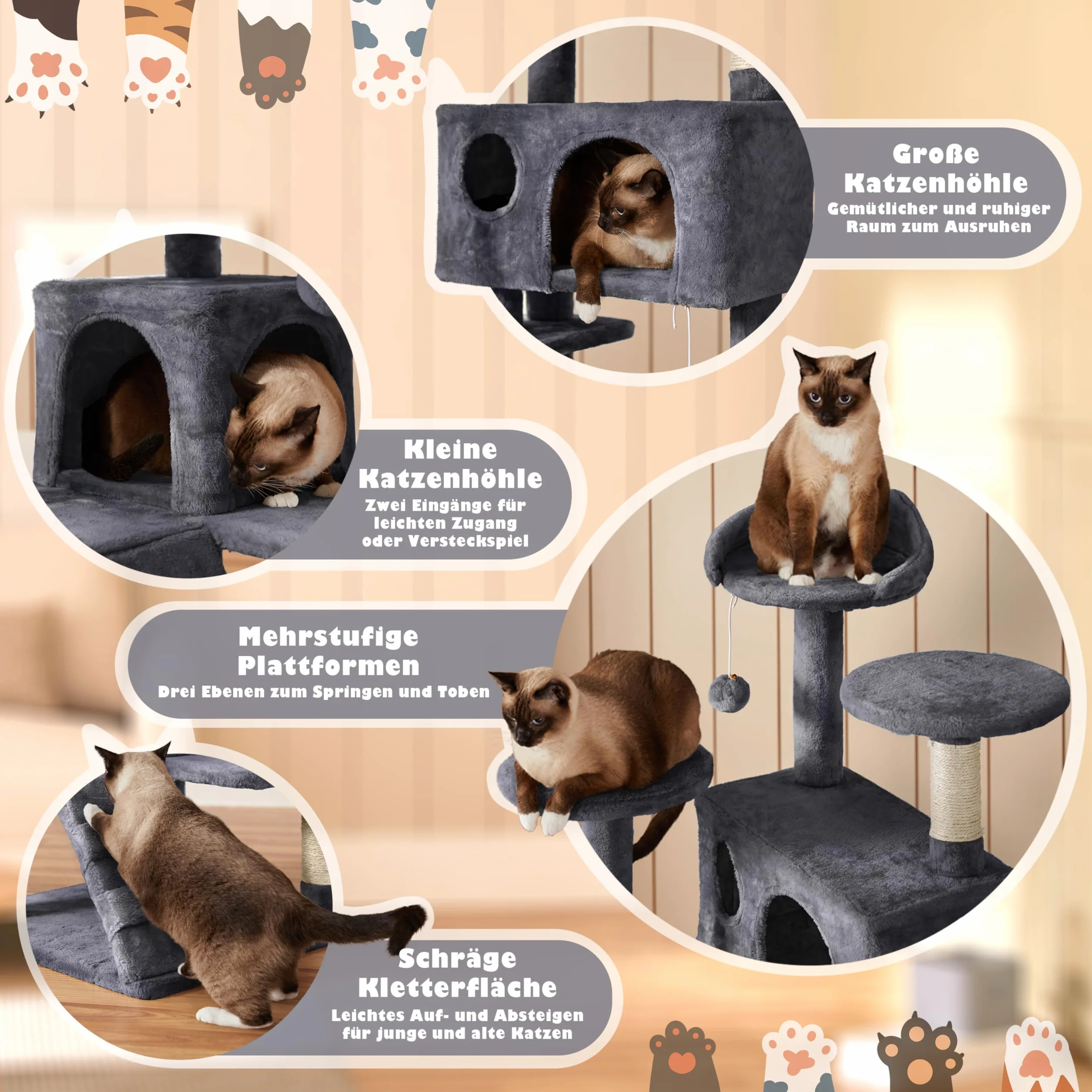 Yaheetech 139 cm Kratzbaum für Kleine und Mittelgroße Katzen, Mehrstufiger Katzenturm mit 2 Höhlen, 3 Plattformen, Sisalsäulen und Stufendesign, Stabil für Mehrkatzenhaushalte, Dunkelgrau