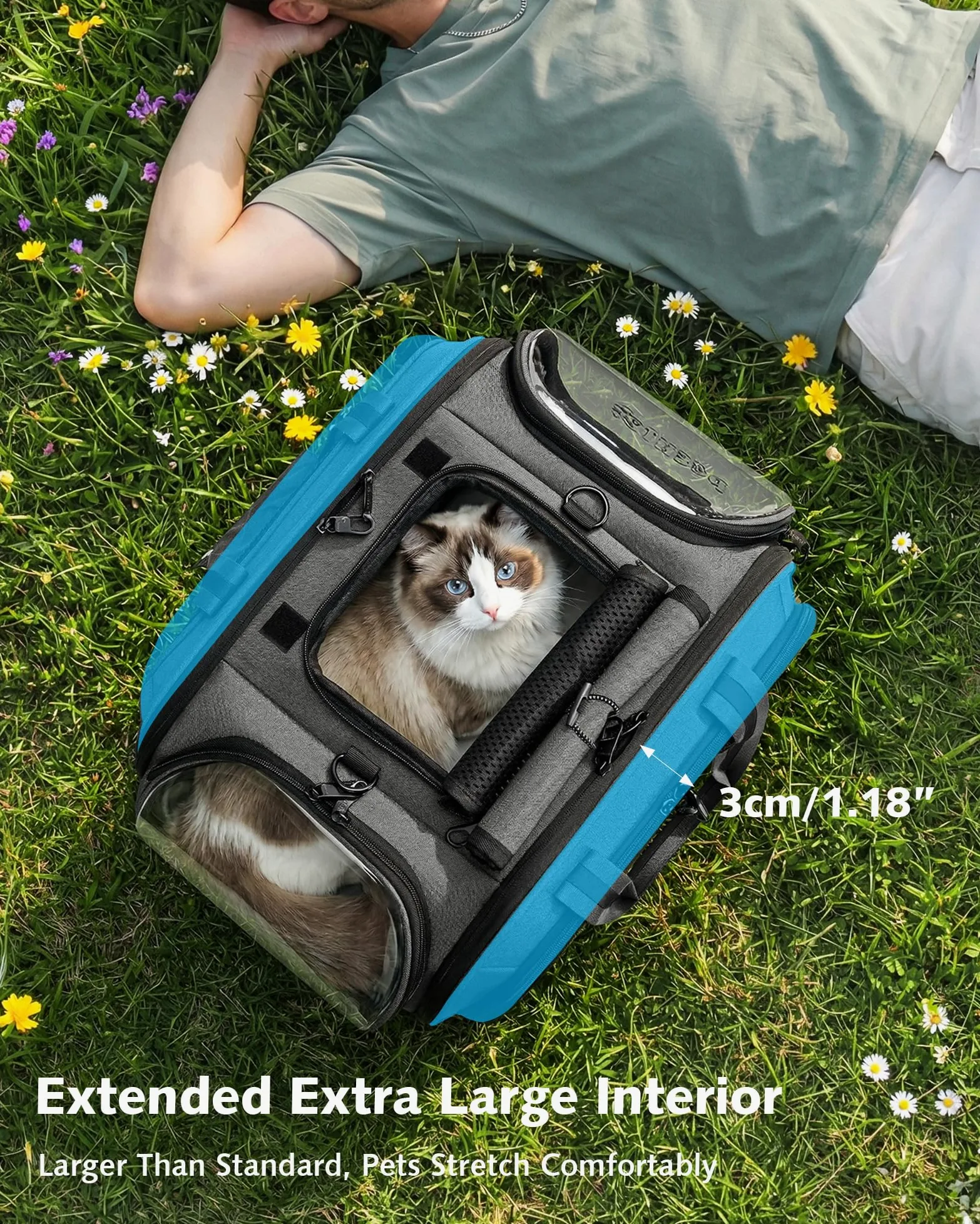 Pecute Katzentransporttasche mit Sichtfenster, atmungsaktiv, stabil, Grau L 46x36x34cm