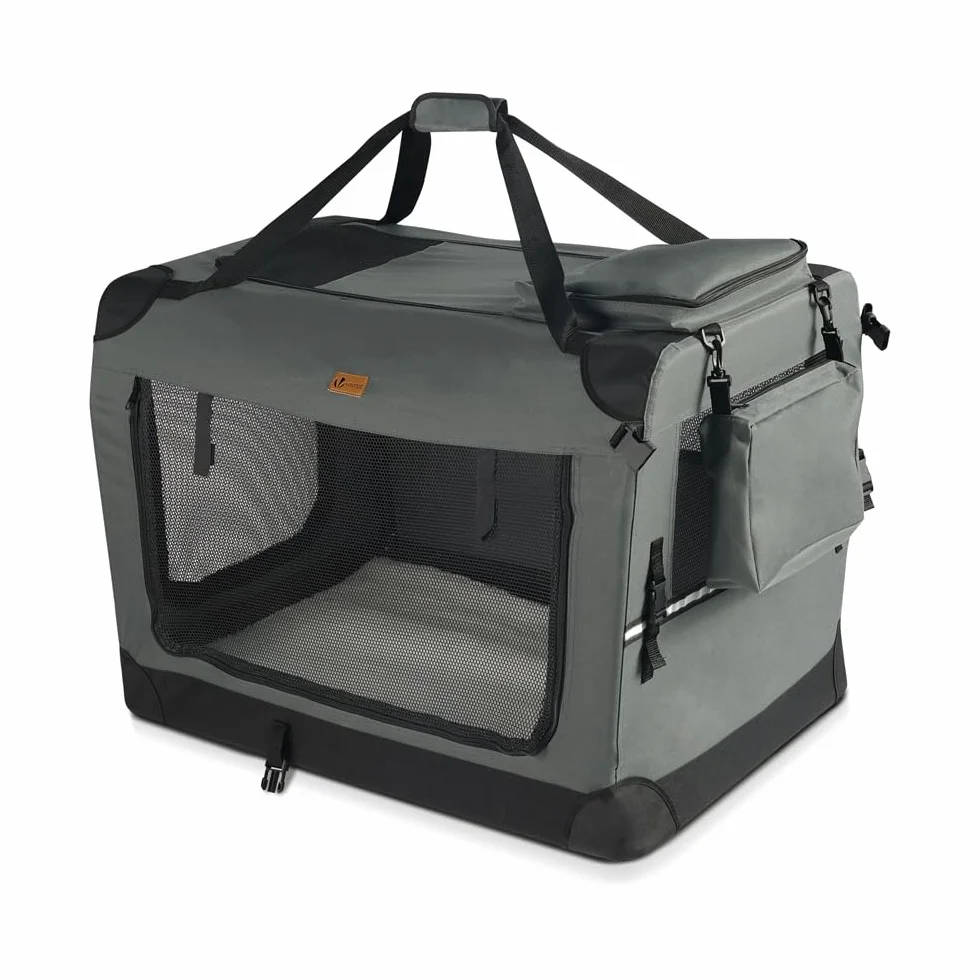 VOUNOT Hundebox faltbar, Transportbox Katze Hunde, Hundetasche, Oxford-Gewebe, Netzstoff, Atmungsaktiv, Transportabel, Metallrahmen, mit Griffen, Taschen, 60x44x44cm M, Grau