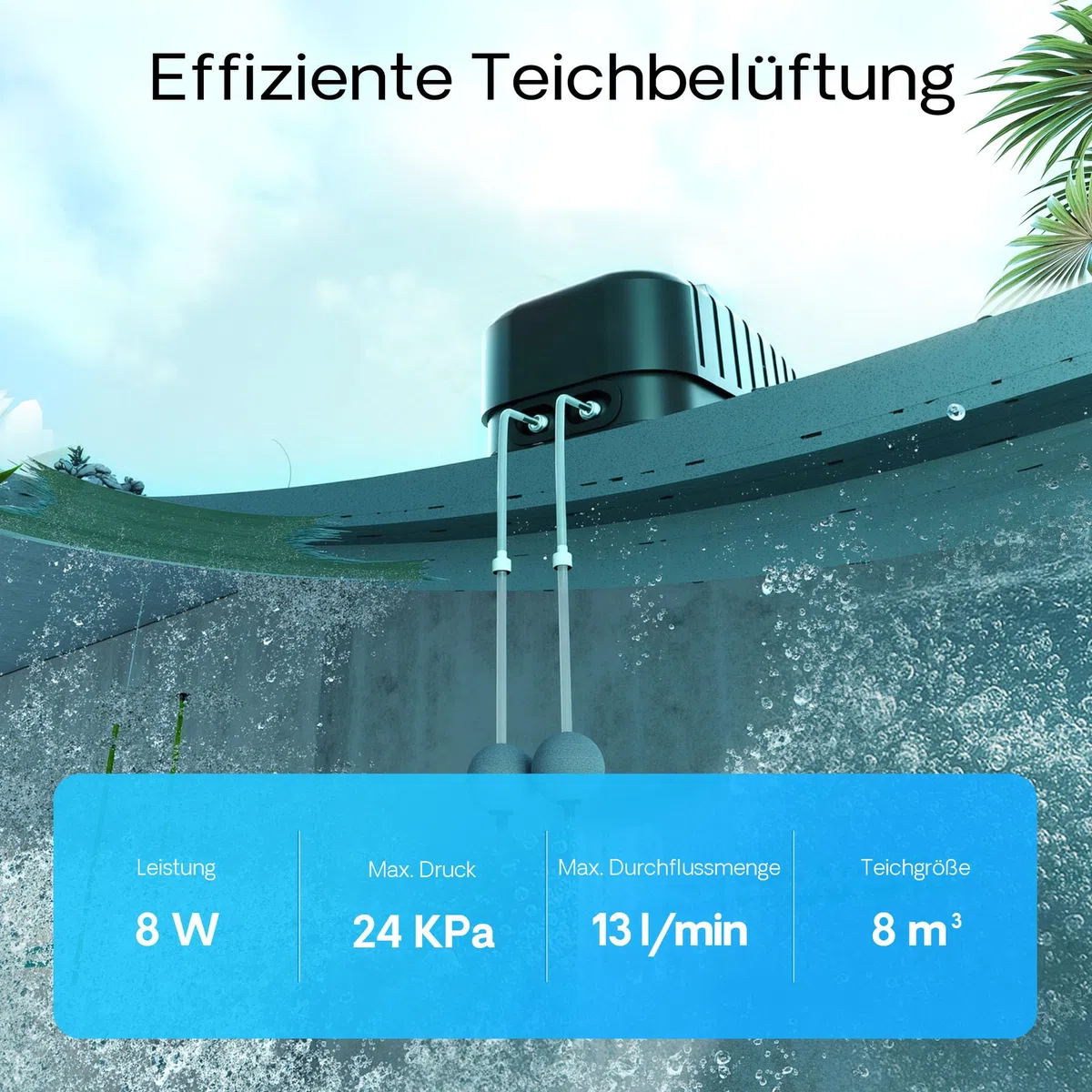 SunSun Cap Sauerstoffpumpe, Luftpumpe für Aquarium und Gartenteich, Teichbelüfter mit Luftausgängen, Belüftungspumpe mit Luftstein und Rückschlagventil