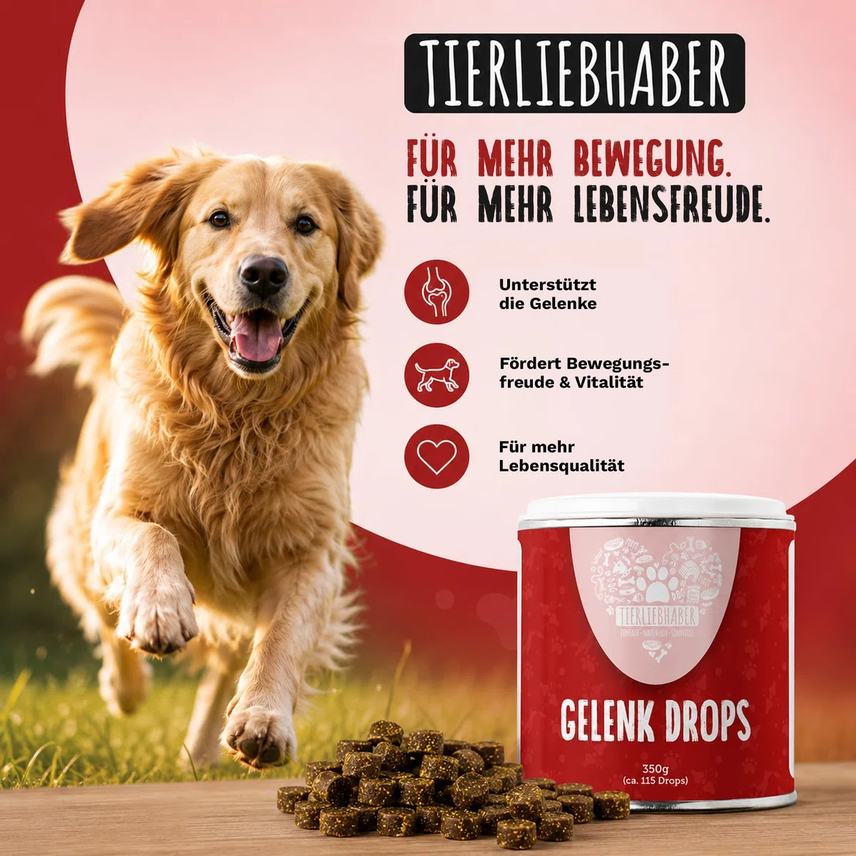 TIERLIEBHABER Gelenk Drops Gelenktabletten Hund – Grünlippmuschel Hund Drops tierärztlich entwickelt – Hunde Gelenktabletten zum Gelenk- & Knochenschutz für Hunde mit Teufekskralle, MSM & Kollagen