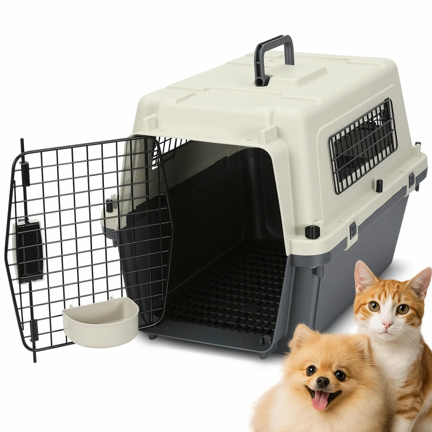 Pet Transportbox für Katzen, kleine Hunde & Nagetiere bis 10 kg, 60,4x42x39,8 cm, Leichte Hundetransportbox mit Metallgitter, Inkl. Grundausstattung
