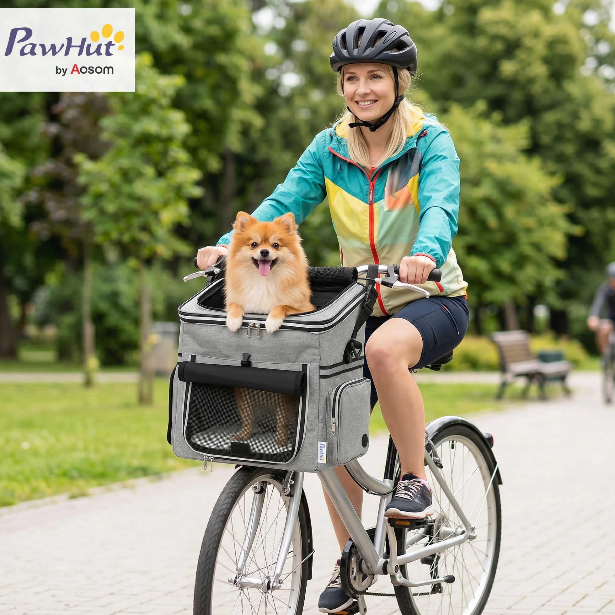 PawHut Hundekorb Fahrrad Vorne, Tragbarer Atmungsaktiver Hundefahrradkorb mit Sicherheitsleine Weichem Kissen Mesh-Türen Schüssel Fahrrad Lenkerkorb für Kleine Hunde und Katzen bis 5kg Hellgrau