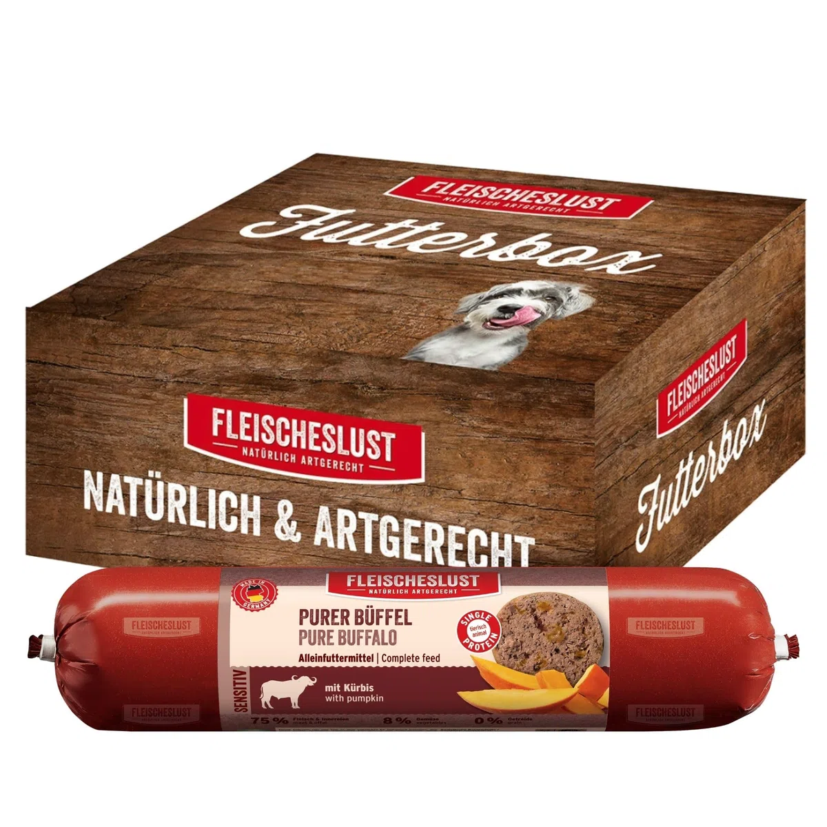 Fleischeslust Hundewurst, Purer Büffel mit Kürbis als Futterbox (6x800g), Sensitive Nassfutter-Wurst schnittfest & getreidefrei, Hundefutter für ausgewachsene Hunde