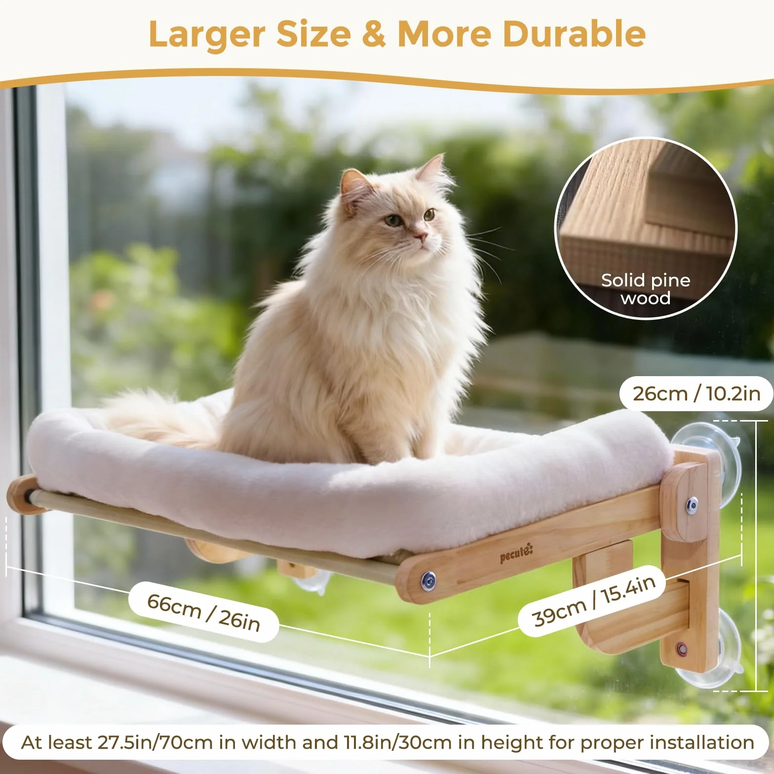 pecute 66x39cm Weiche Katzen Fenster Hängematte, Katzen Fenster Sitzstange Weicher Plüsch Faltbares, Katzenliege Fensterbank, Fensterliege für Hält 18kg (Weiß, Groß)