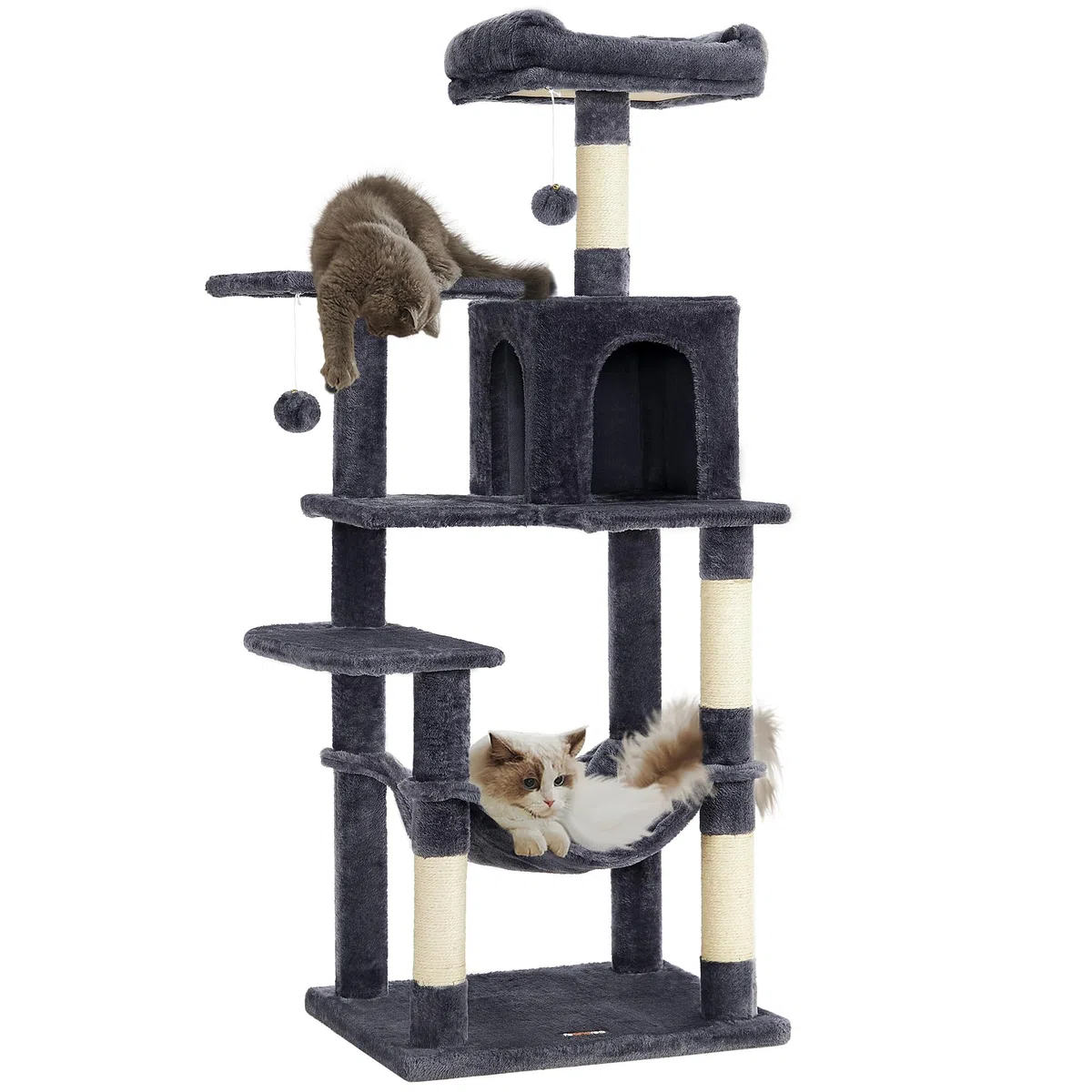 Feandrea Kratzbaum, 143 cm hoch, Katzenbaum, mehrstöckiges Katzenhaus, mit 4 Kratzsäulen, 2 Plattformen, Hängematte, Höhle, rauchgrau PCT161G01