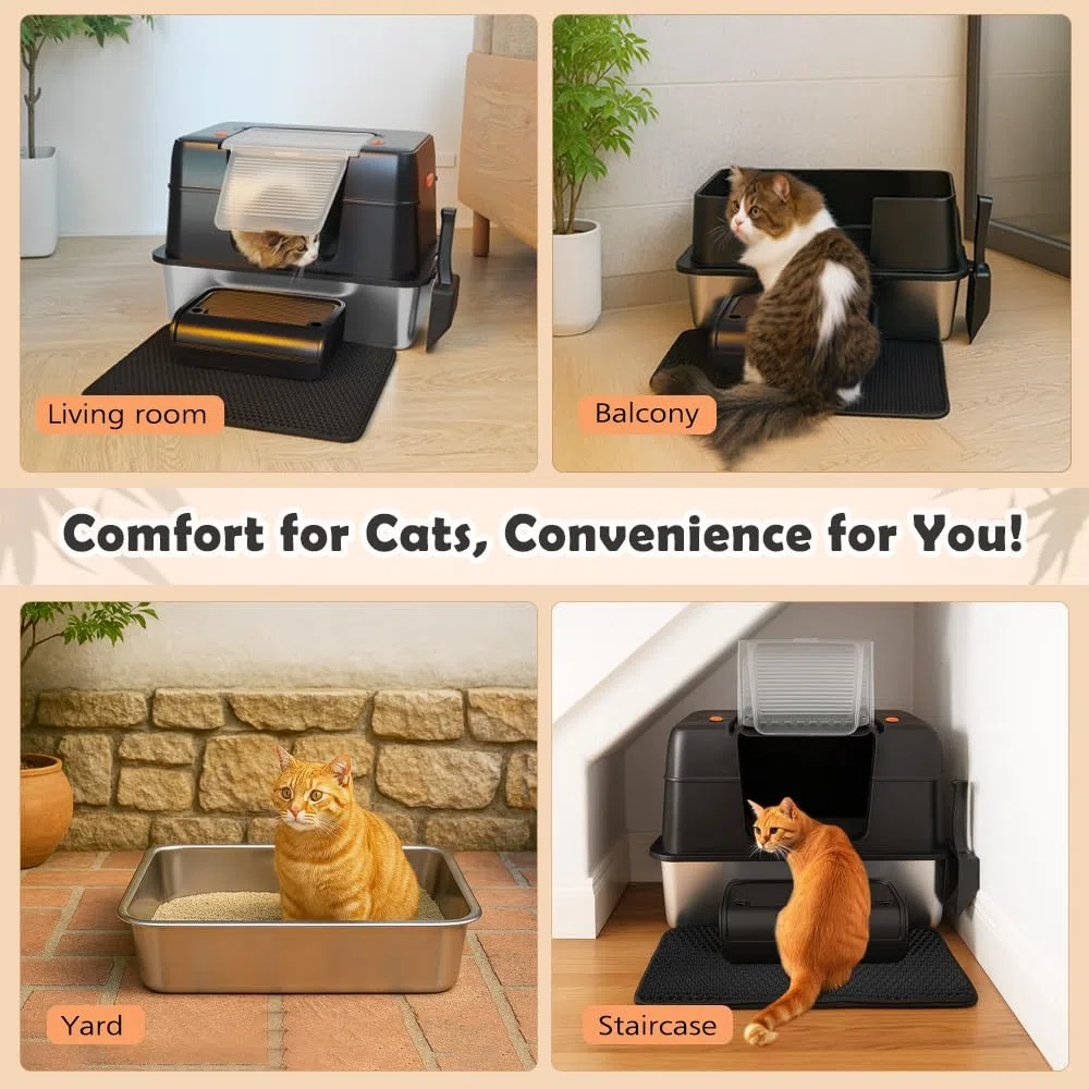 Vivifying Katzenklo Edelstahl mit Deckel, XL Leicht zu Reinigen und Geruchsresistent Katzentoilette Edelstahl, Rostfreier Stahl Katzenklo mit Pedals, Schaufel und Matte (Schwarz)