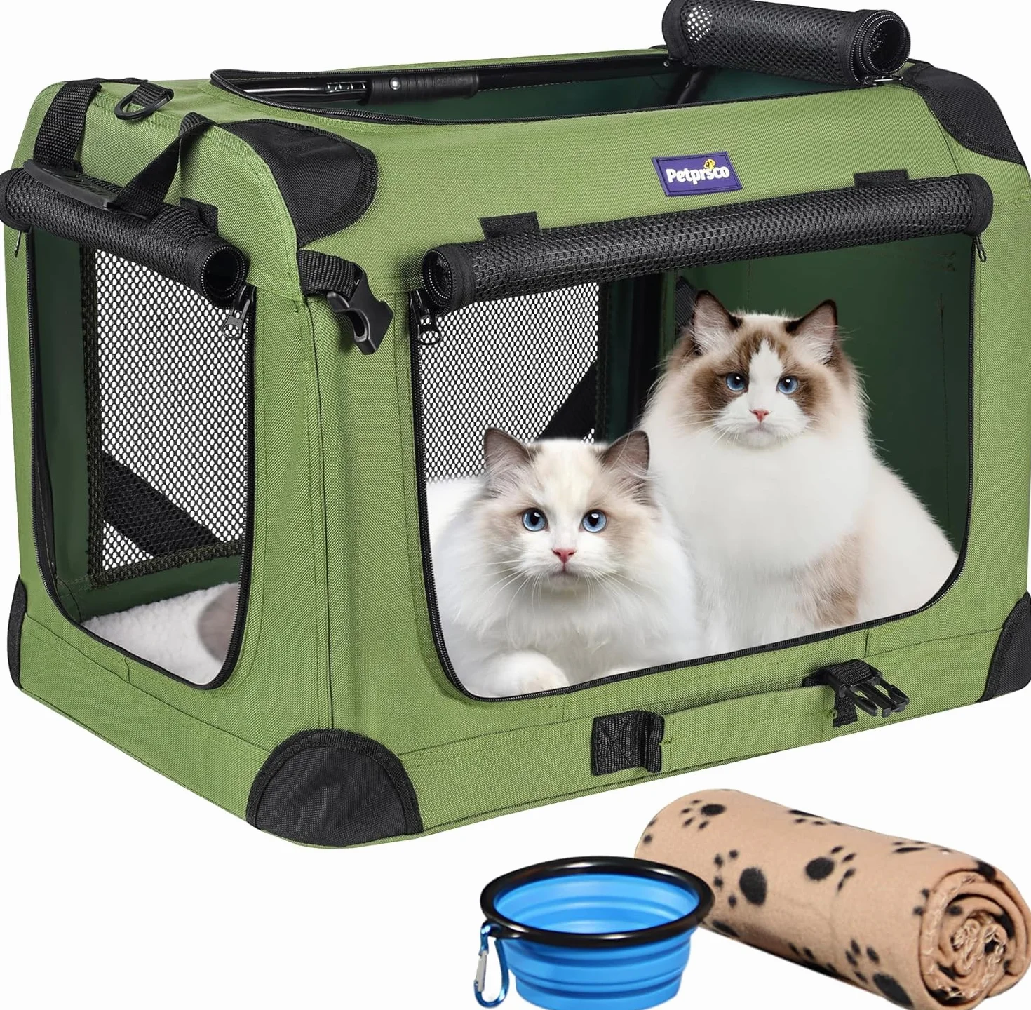 Petprsco Großer Katzentransportbox für 2 Katzen oder kleine Hunde, weicher Haustier-Transportkorb 60x42x42 cm zum Reisen mit Warmer Decke, Faltbarer Schüssel und waschbarem Pad