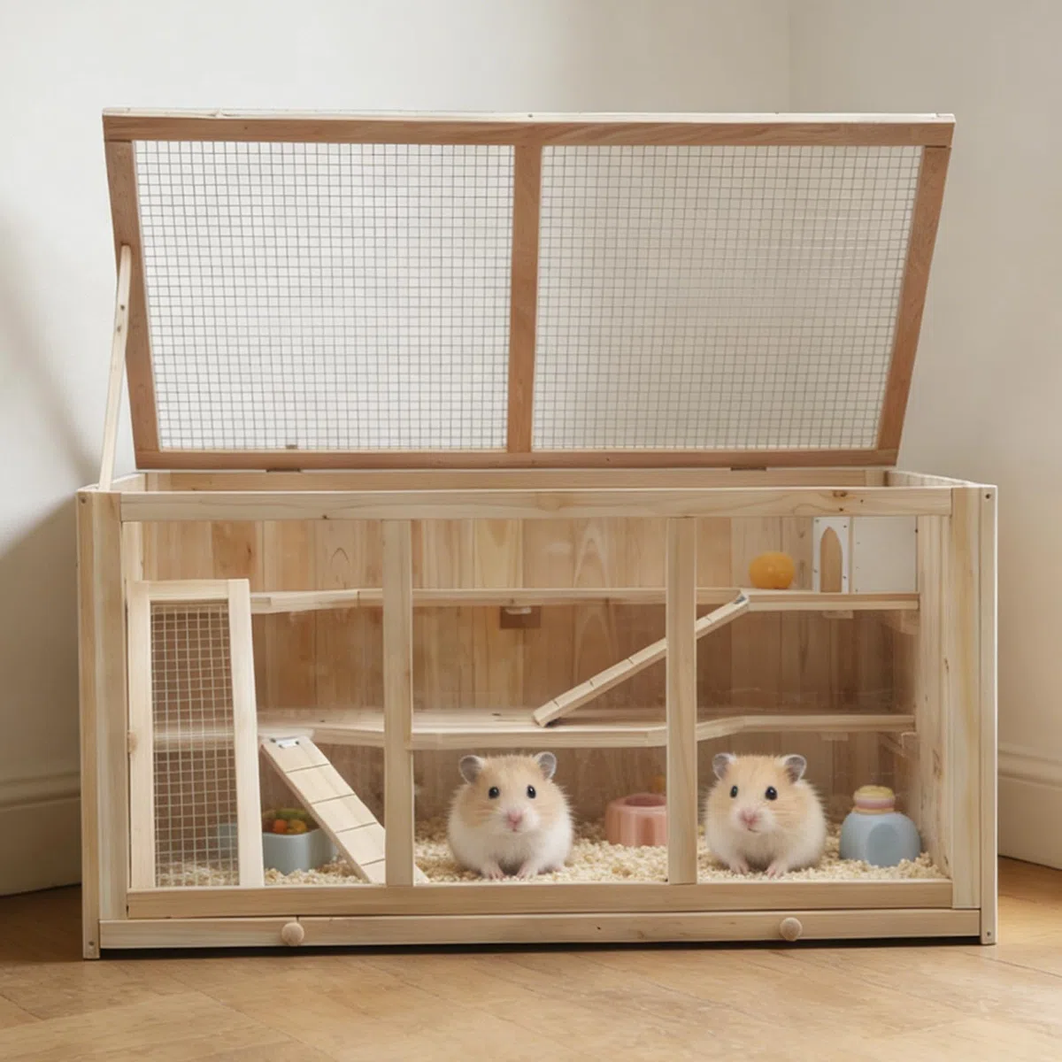 Hamsterkäfig aus Tannenholz, 94,5 x 48,5 x 49,5 cm, mit Plattformen, Leiter und Hütte