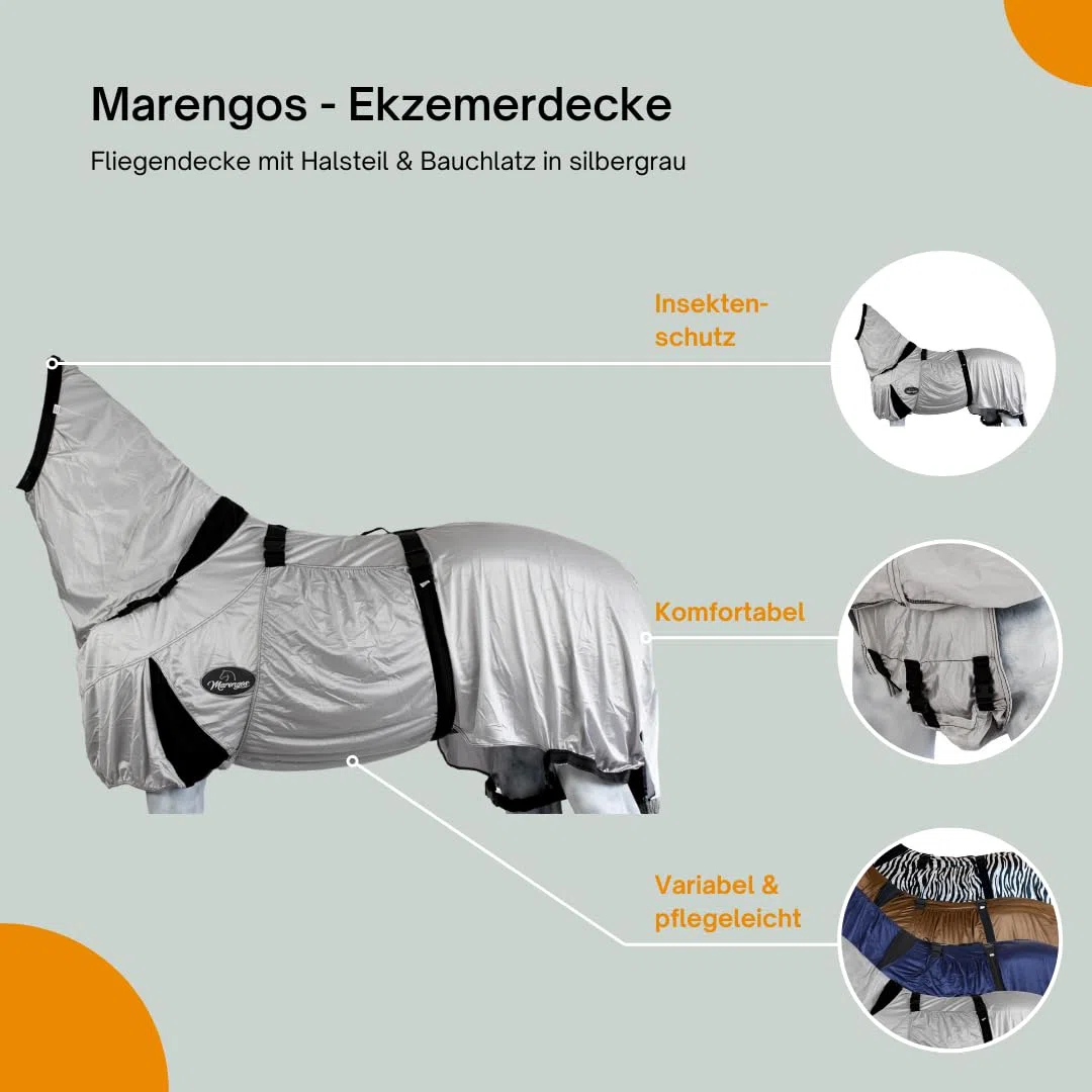 Marengos - Ekzemerdecke mit Halsteil & Bauchlatz – Fliegendecke aus feinmaschigem Gewebe – Schutz v. Insekten – doppelter Frontverschluss & Gehfalte – Pferdedecke in Silbergrau – 135cm
