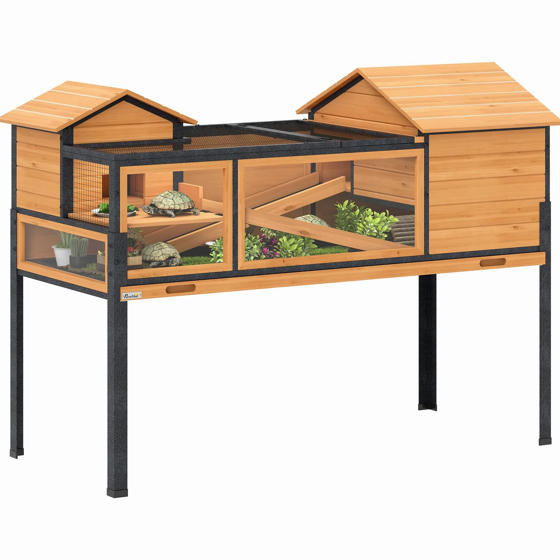 PawHut Schildkrötenhaus aus Holz 128x63x96cm Gelb mit 2 Haupthäusern, 2 Etagen, aufklappbarer Deckel