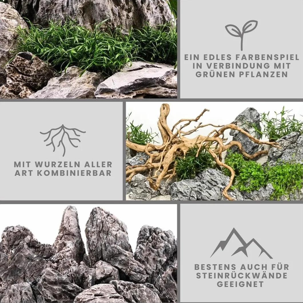 AquaOne Aquarium Steine Mini Landschaft I Natursteine Seiryu 10kg I 0,9-2,0kg pro Stein I Aquascaping Gestein für Tank I Felsen Dekoration Pagode Rückwand I Deko Aquascape grau