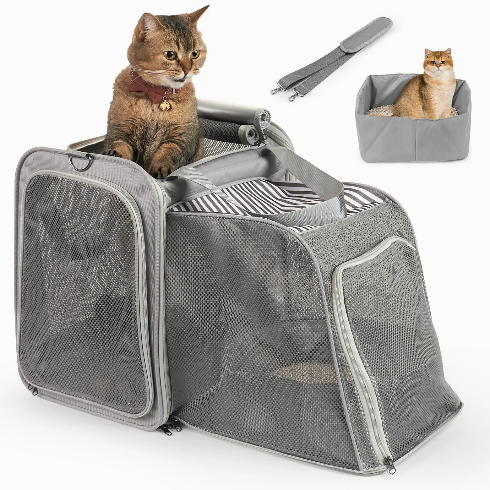 Faltbare Katzentransportbox mit integriertem Katzenklo, erweiterbar atmungsaktiv Katzentasche, 900D Oxford Stoff, tragbar Reisebox für Katzen bis 10 kg, ideal für Reise, Camping & Tierarztbesuch