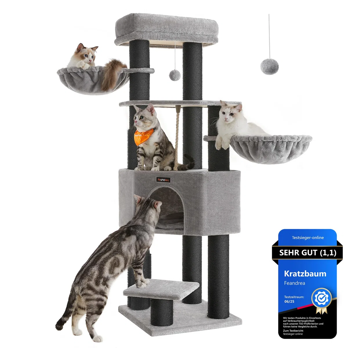 Feandrea Kratzbaum, mit warmen Decken, für große Katze, Katzenbaum, 2 Katzenbürsten, 11,1 cm d Dicke Stämme, große Plattformen, Höhle, 50 x 50 x 160 cm, Taubengrau-schwarz PCT003W01