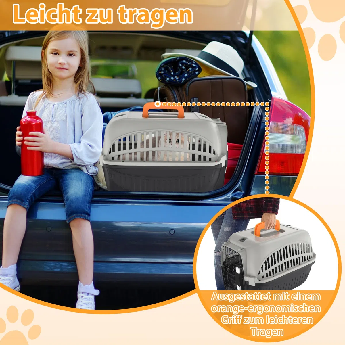 YUENFONG Transportbox Katzen 61x37x37cm Katzentransportbox für kleine Hunde, Tiertransporter aus ABS & PP Kunststoff Material, mit Metalltür & Napf, Grau und Schwarz