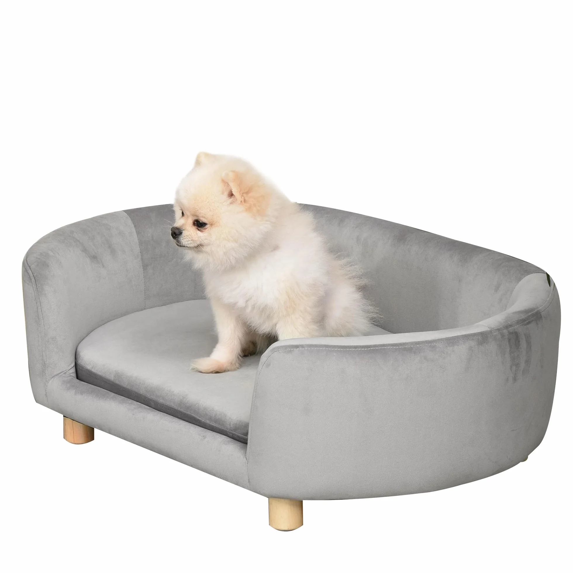 PawHut Hundesofa Hundebett aus holländischem Samt Hundecouch mit Rückenlehne, Holzbeine, Kissen, Katzensofa mit weicher Polsterung für kleine Hunde 86 x 55 x 33 cm Hellgrau