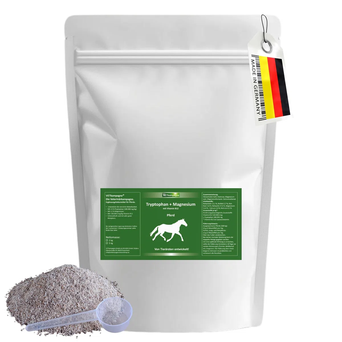 Tryptophan + Magnesium Pferd [Hochdosiert] – Von Tierärzten entwickelt – Unterstützt Nerven, Entspannung & Losgelassenheit – Mit Vitamin B12 – Ergiebiges Pulver 2000 g Nachfüllpack