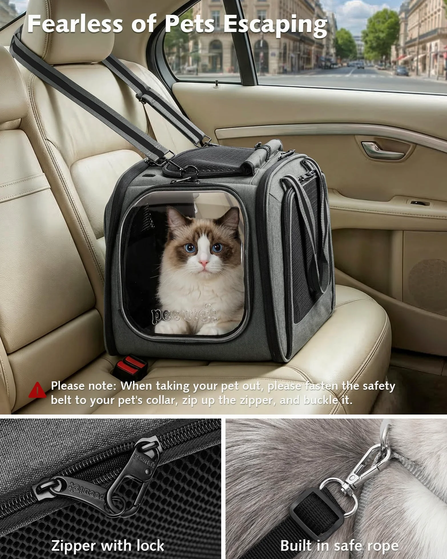 Pecute Katzentransporttasche mit Sichtfenster, atmungsaktiv, stabil, Grau L 46x36x34cm