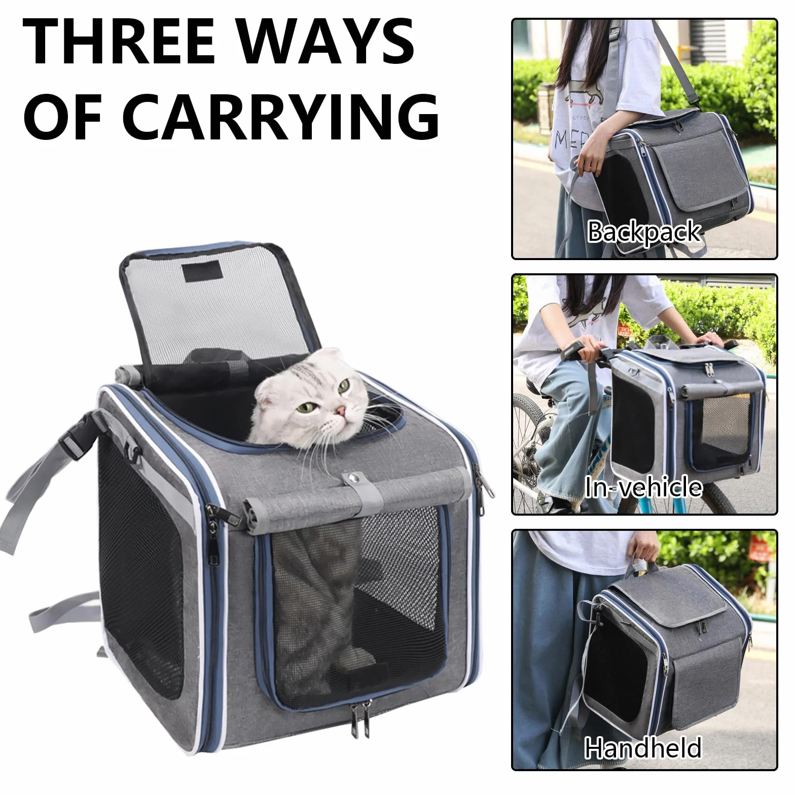 Hundefahrradkorb, Hundekorb Fahrrad Vorne Faltbarer Atmungsaktiver Hundefahrradkorb Rucksack Schultertasche Autositz mit 4-Mesh-Fenster für kleine Hundekatzen-Welpen