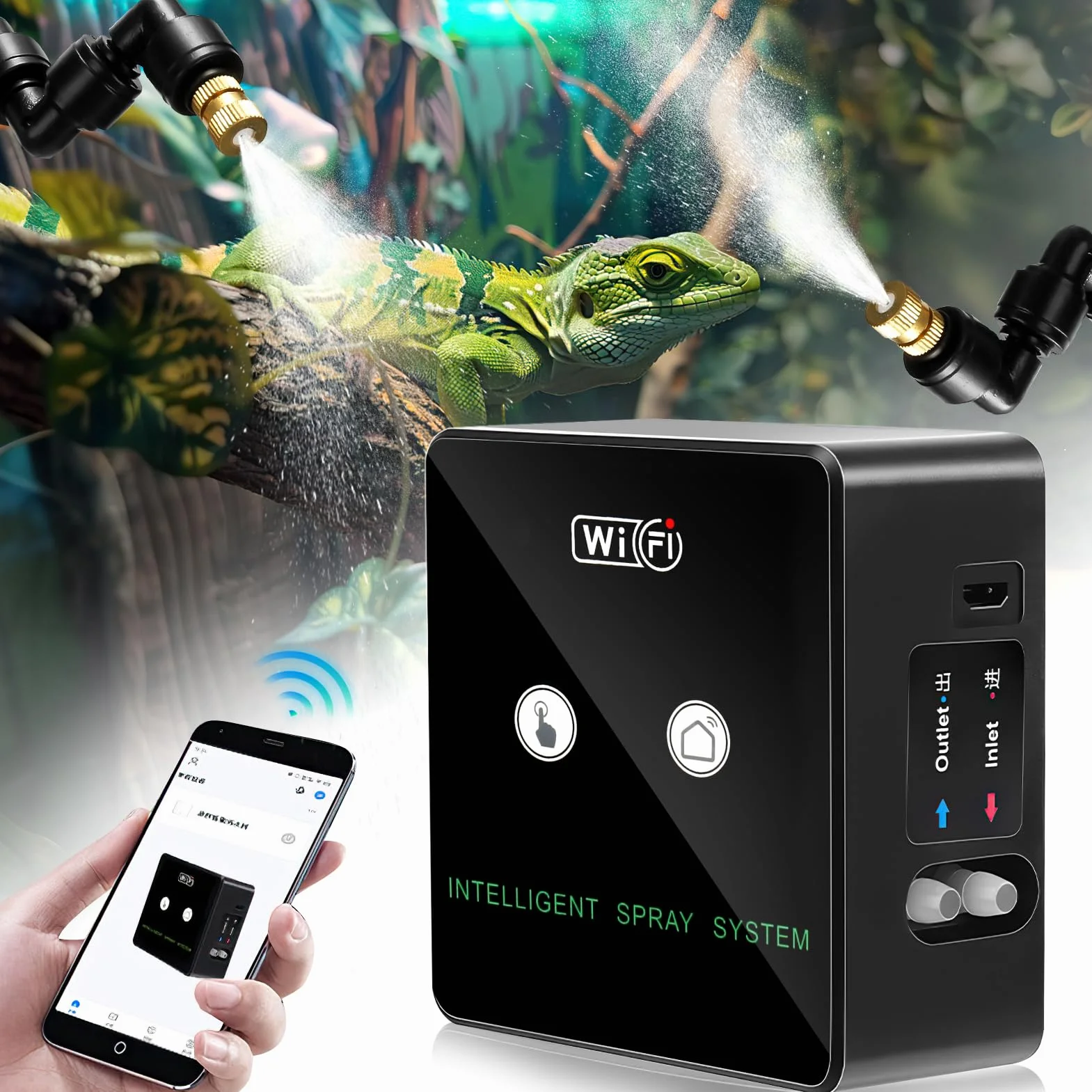 Terrarium-Befeuchter, Intelligentes Reptilien Benebelungssystem mit 360° Verstellbaren Sprühdüsen, Timer und Handy-Fernbedienung, Automatischer Betrieb, Transparent, Messing