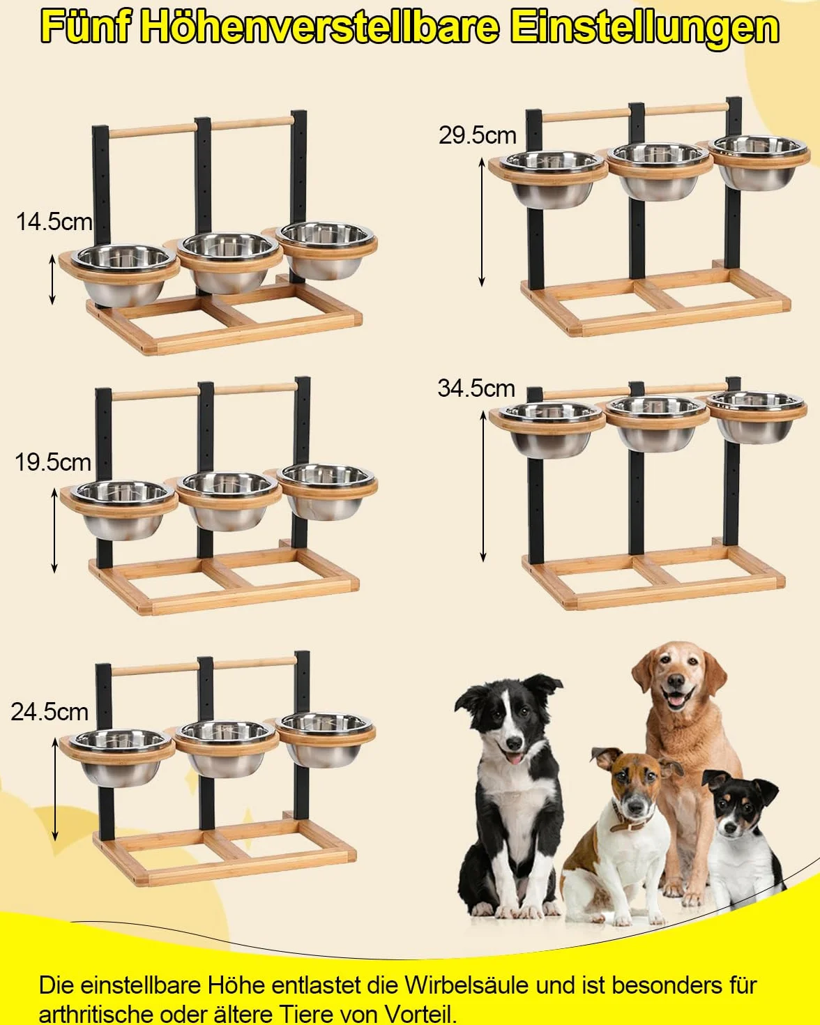 Erhöhter Futternapf für Hunde, 3 x 1400ml Edelstahlschüssel, 5 x Höhenverstellbar Hundenapf, Holz Erhöhte Hundenäpfe, Futterstation Hundenapfständer, 46x38x33cm