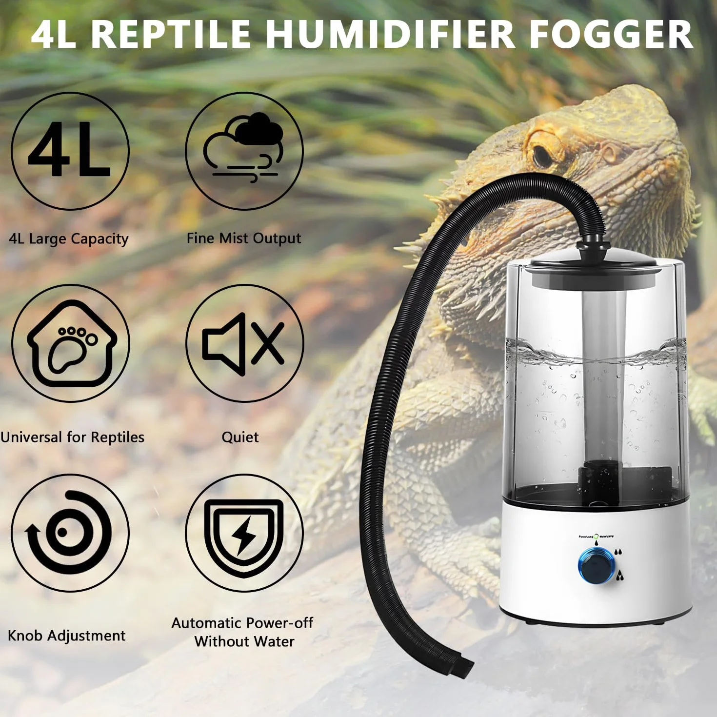 4L Reptilien-Luftbefeuchter, Große Reptilien-Tank-Terrarium-Nebelmaschine mit Ausziehbarem Rohr, Ultraleiser Zerstäuber High Volume Fogger für Reptilien, Amphibien, Nasspflanzen