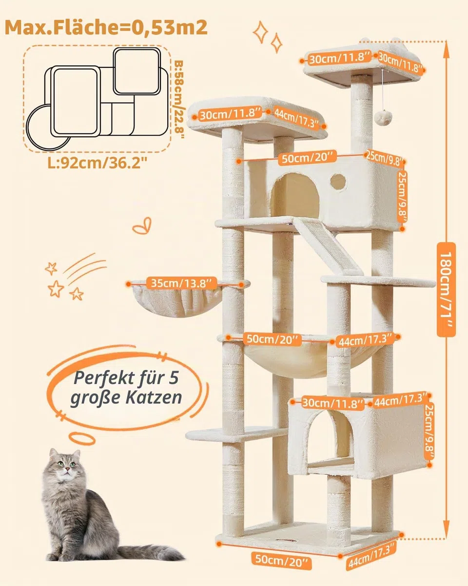 Taoqimiao 180CM Kratzbaum Groß, Katzenbaum Katzen Kratzbaum Grosse Katzen Stabil mit 2 Katzenhaus, Metallhängematte, Korb, 8 Kratzsäulen, Katzenkratztafel, MS026LM Beige