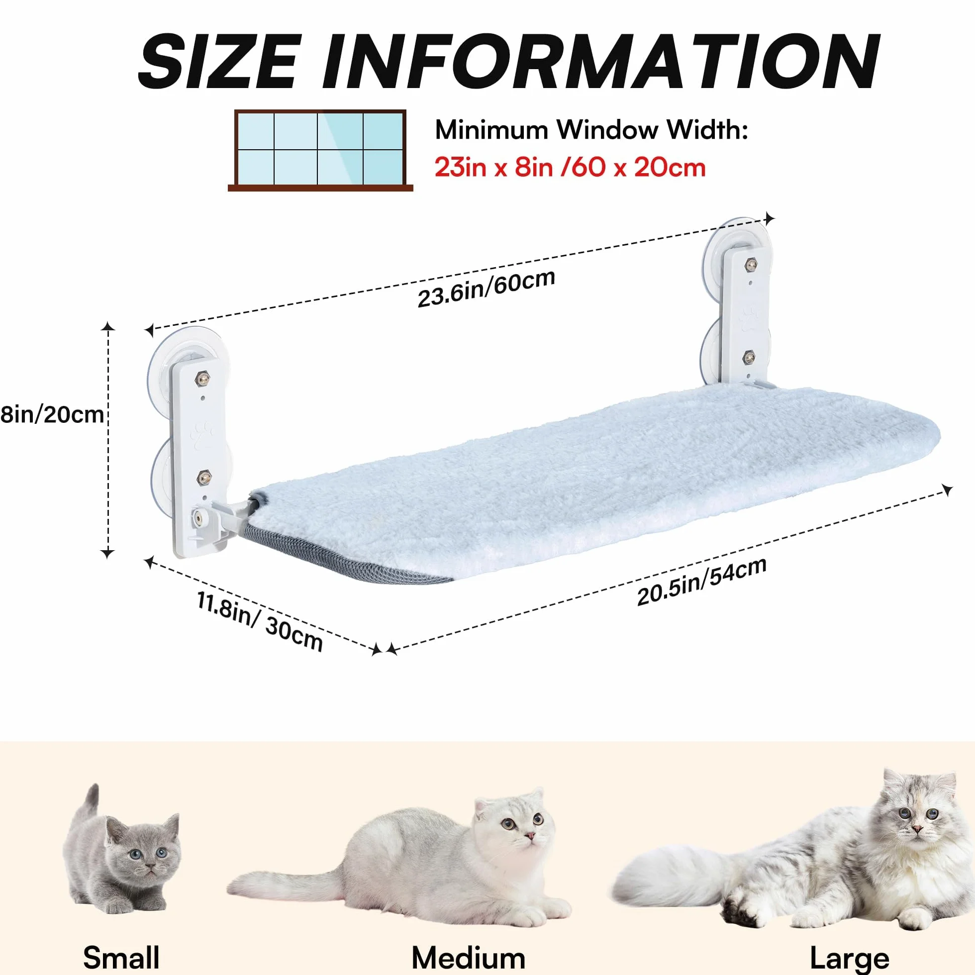 EDAGNY Katzen Hängematte Weicher Weich mit Wendbarem und Waschbarem Matte - 54x30cm Katzen Fensterliege Katzenbett Fenster Stabiler Metallrahmen Stabil zu 18kg,Grau M