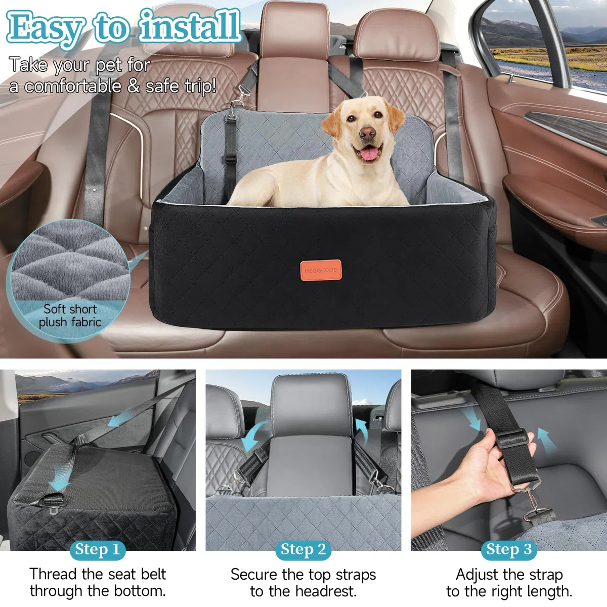 Hunde autositz für mittlerer/große Hunde, Hundeautositz für mittlerer oder 2 kleine Hund, Abnehmbarer & waschbarer Hundesitz Auto, Hundebett Auto für den Rücksitz mit 2 Sicherheitsleinen