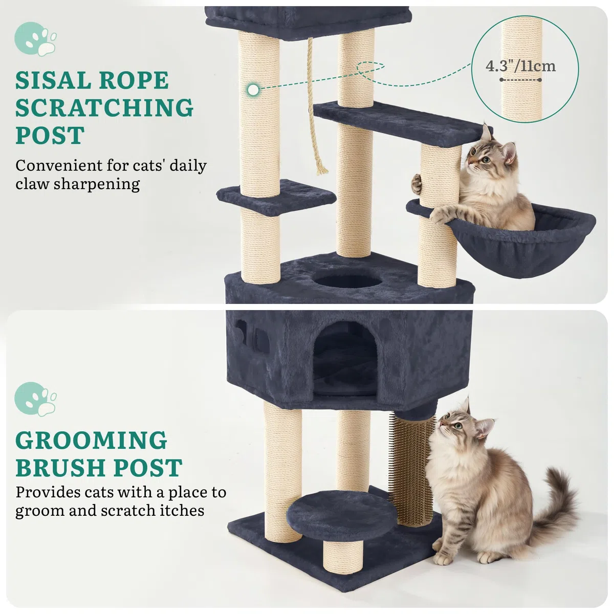YITAHOME Kratzbaum, Katzenkratzbaum, für Große Katze, Katzenbaum, Katzenbürsten, 11 cm Dicke Stämme, Große Plattformen, Plüschkissen, Höhle, 50 x 50 x 157 cm, Dunkelgrau