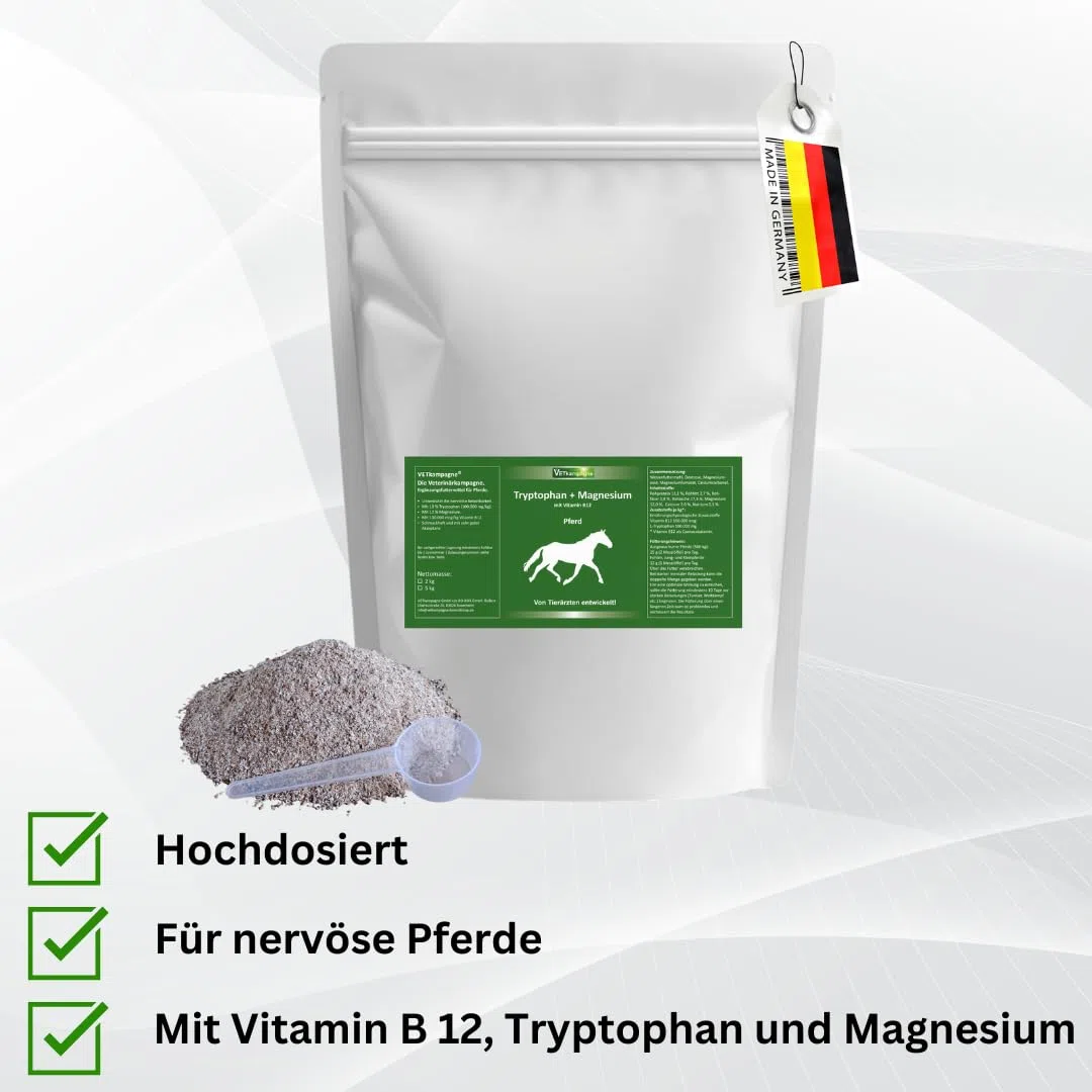 Tryptophan + Magnesium Pferd [Hochdosiert] – Von Tierärzten entwickelt – Unterstützt Nerven, Entspannung & Losgelassenheit – Mit Vitamin B12 – Ergiebiges Pulver 2000 g Nachfüllpack
