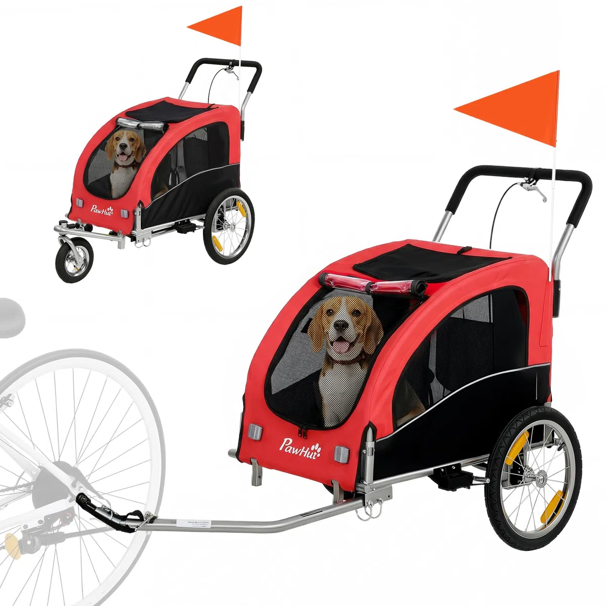 PawHut 2-in-1 Hundeanhänger für Fahrrad Hundebuggy für kleine & mittelgroße Hunde bis 20 kg Faltbarer Fahrradanhänger mit 600D Oxford, Reflektoren, Handbremse, Universelle Kupplung