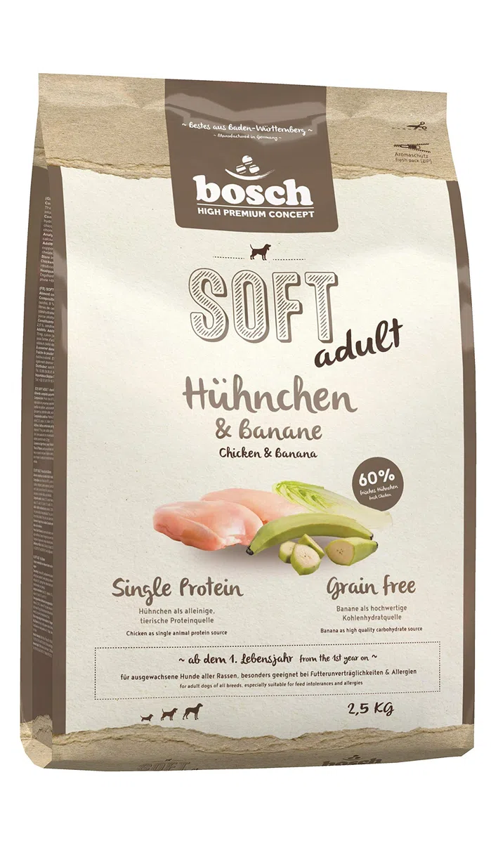 bosch HPC SOFT Mini Perlhuhn & Süßkartoffel | halbfeuchtes Hundefutter für ausgewachsene Hunde kleiner Rassen | 1 x 2.5 kg & HPC SOFT Hühnchen & Banane | 1 x 2.5 kg
