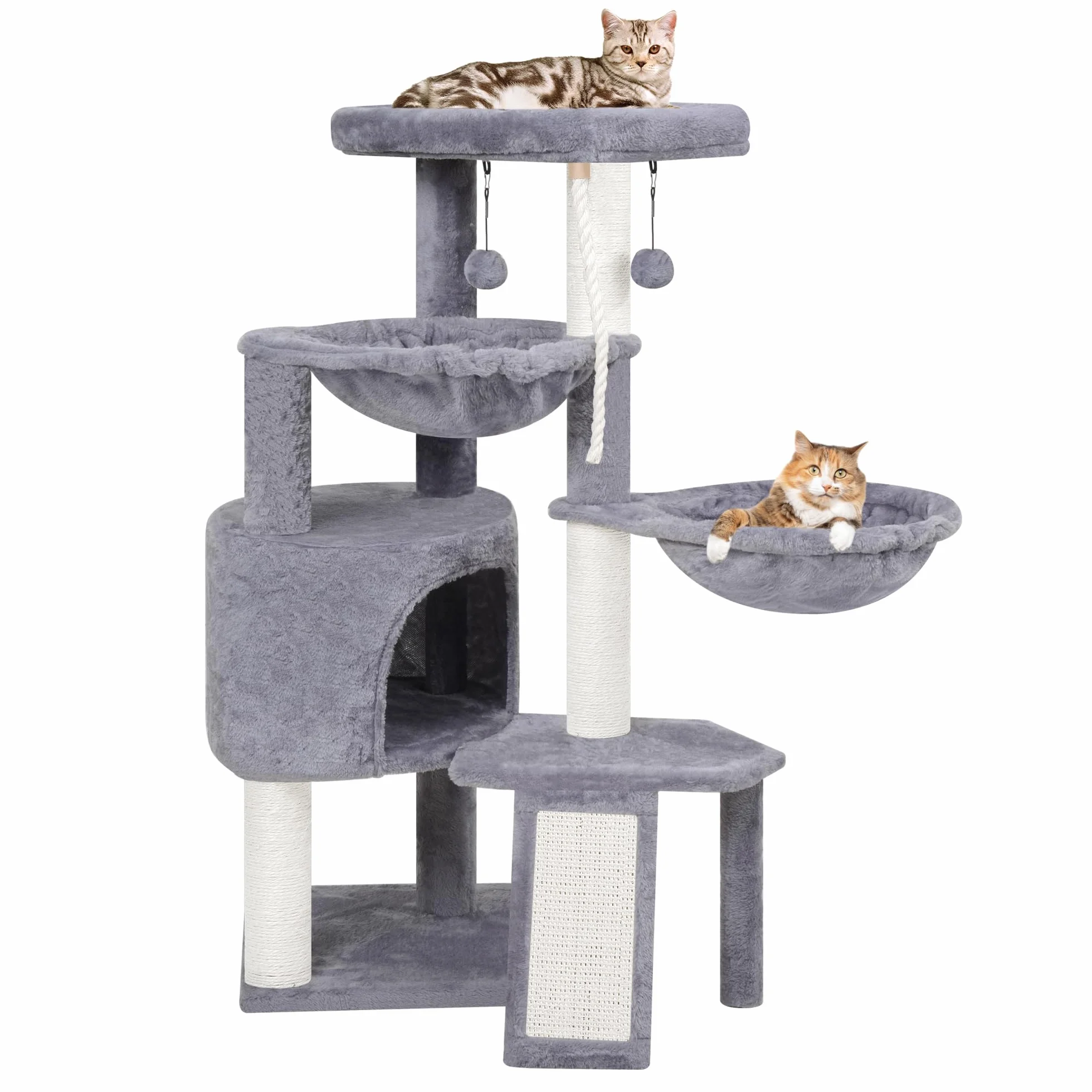 TWDEPART Kratzbaum für Katzen mit Aktivitätscenter, 95cm Kletterbaum Katzenspielzeug mit Spielzeugkugeln, Grau