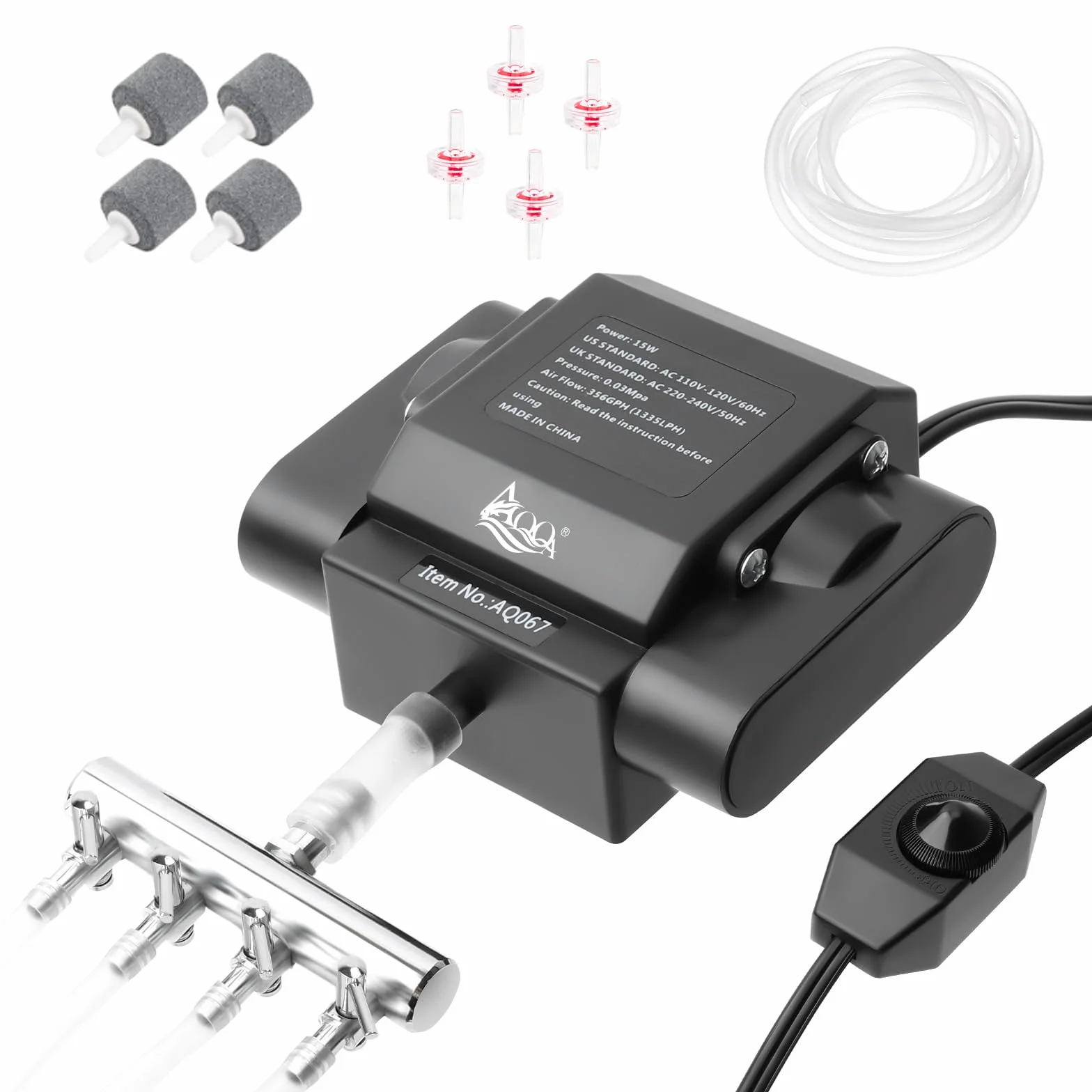 AQQA Aquarium Luftpumpe,Leistungsstarker 4 Ausgänge Aquarium Sauerstoffpumpe,10W Regelbare Sauerstoffpumpe für Aquariums,Leise Aquariums Belüfterpumpe mit komplett Zubehör,bis zu 2200L