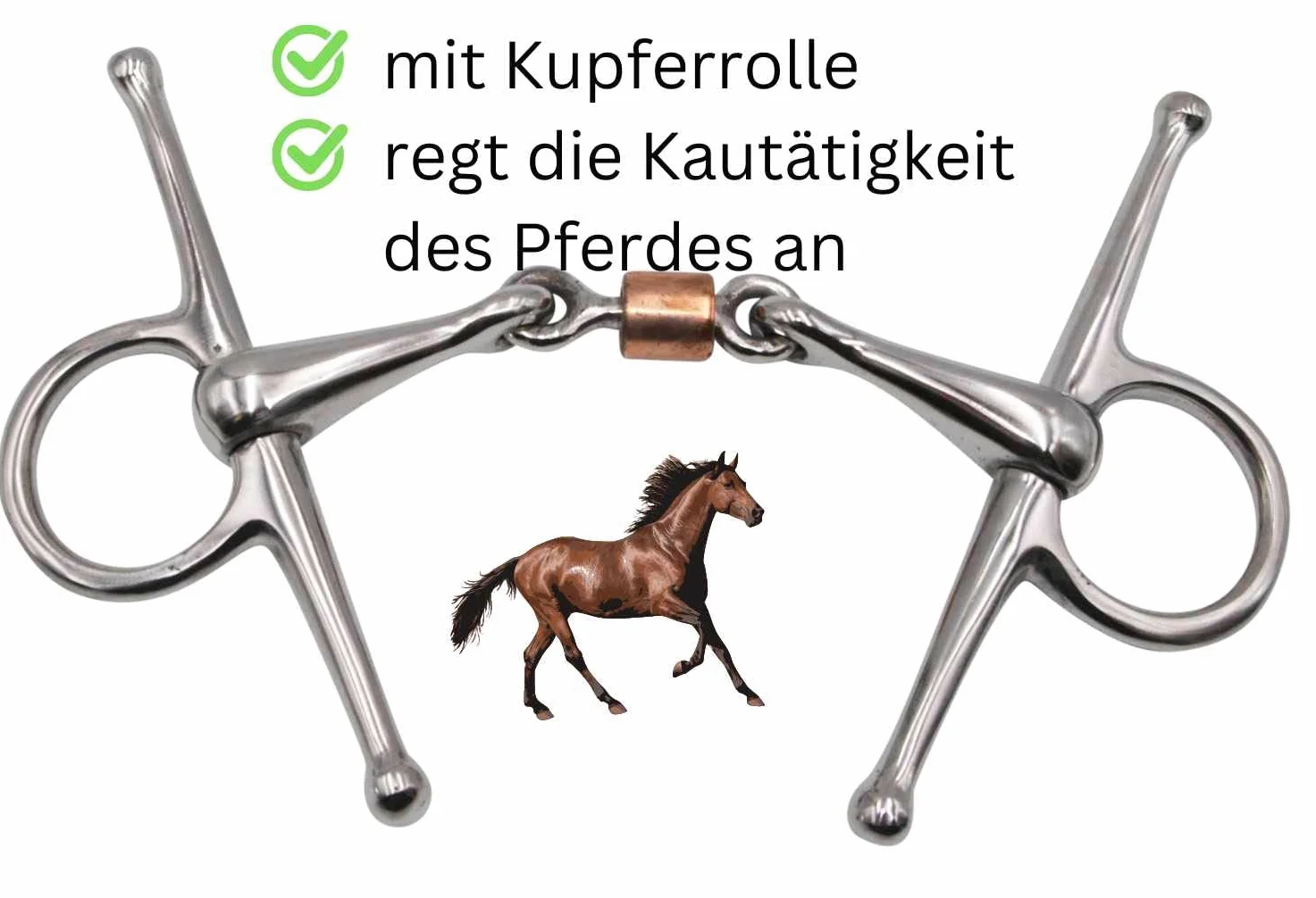 AMKA Knebeltrense Schenkeltrense doppelt gebrochen mit Kupferrolle Edelstahl Stärke 15 mm Ringe 45 mm