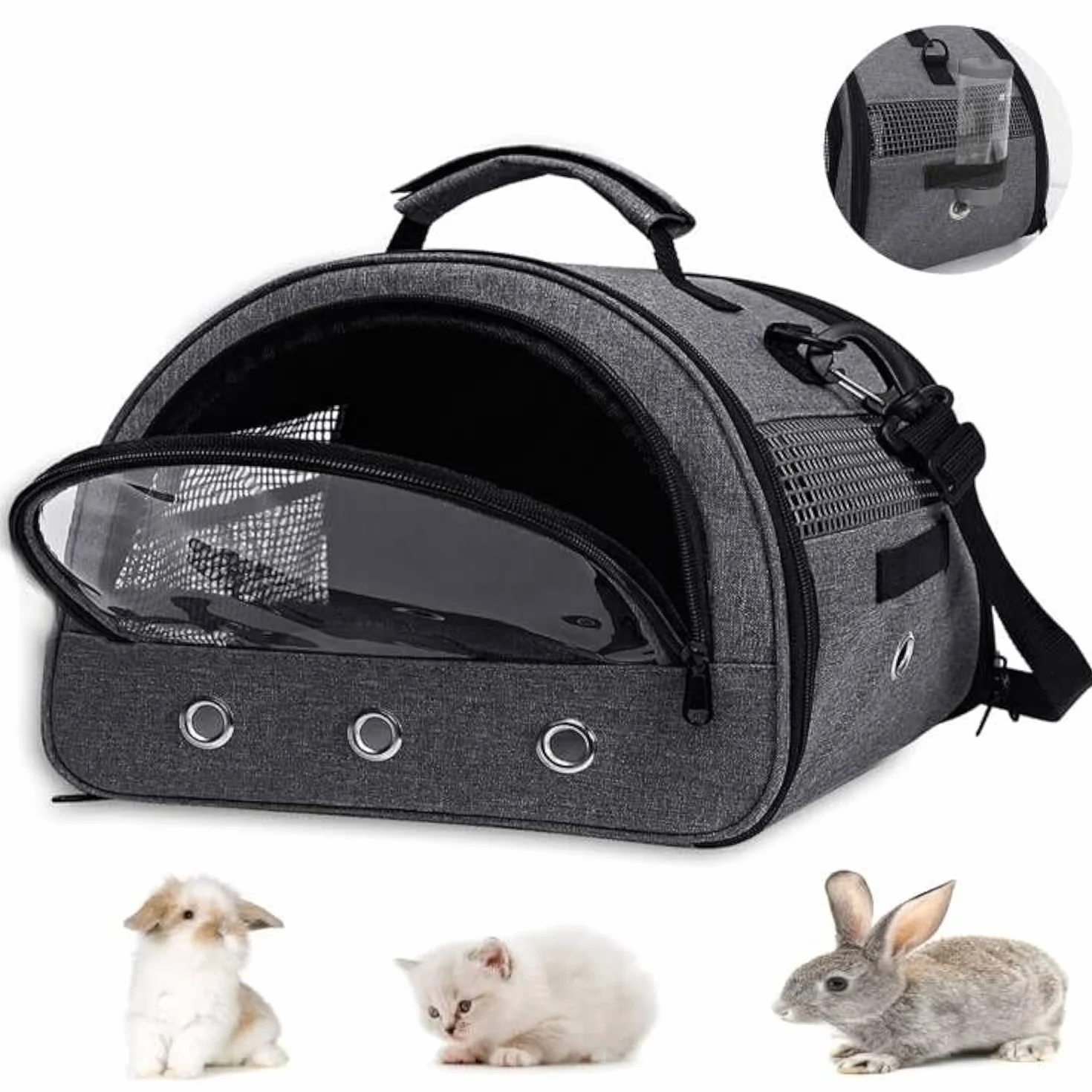 Faltbare Kleintier-Tragetasche mit Wasserflaschenhalter, Doppeltüren Design, Atmungsaktiv & Ausbruchsicher, Transporttasche für Meerschweinchen, Kaninchen, Hamster, Grau