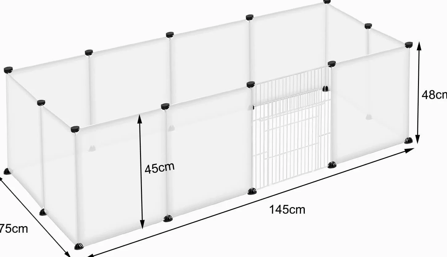 LILIIN Freigehege 12 Pcs Haustier Laufstall 145x75x48cm aus Kunststoff Gittergehege Meerschweinchen Gehege Freilaufgehege Kleintierkäfig Für Welpen Hamster Igel (Transluzentes Weiß Mit Tür)