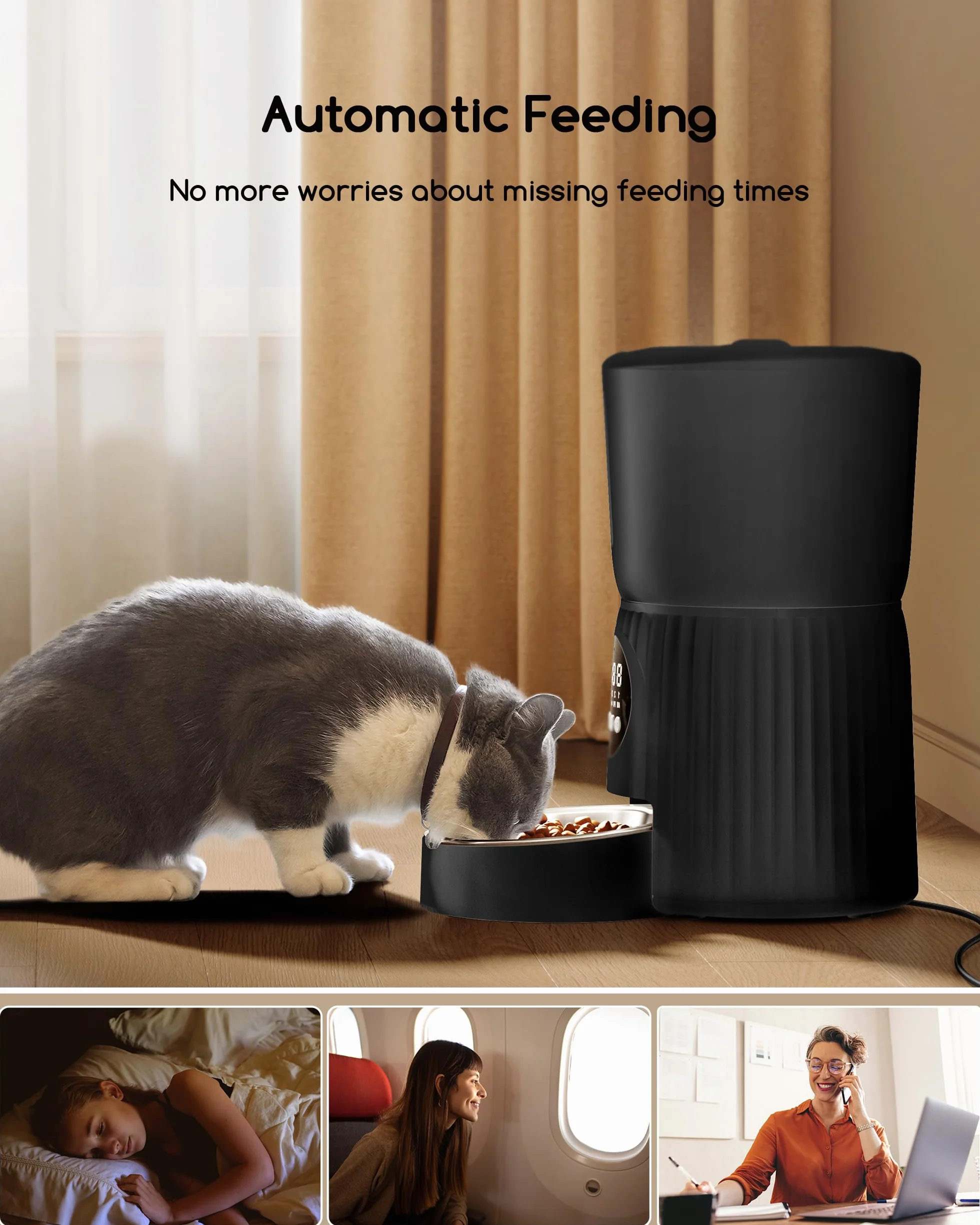 Faroro Futterautomat Katze, 4L Katzenfutter Automat, Futterspender Katze Mit 1–6 Mahlzeiten Pro Tag, Portionskontrolle, 10s Sprache, Langsames Füttern (Schwarz)