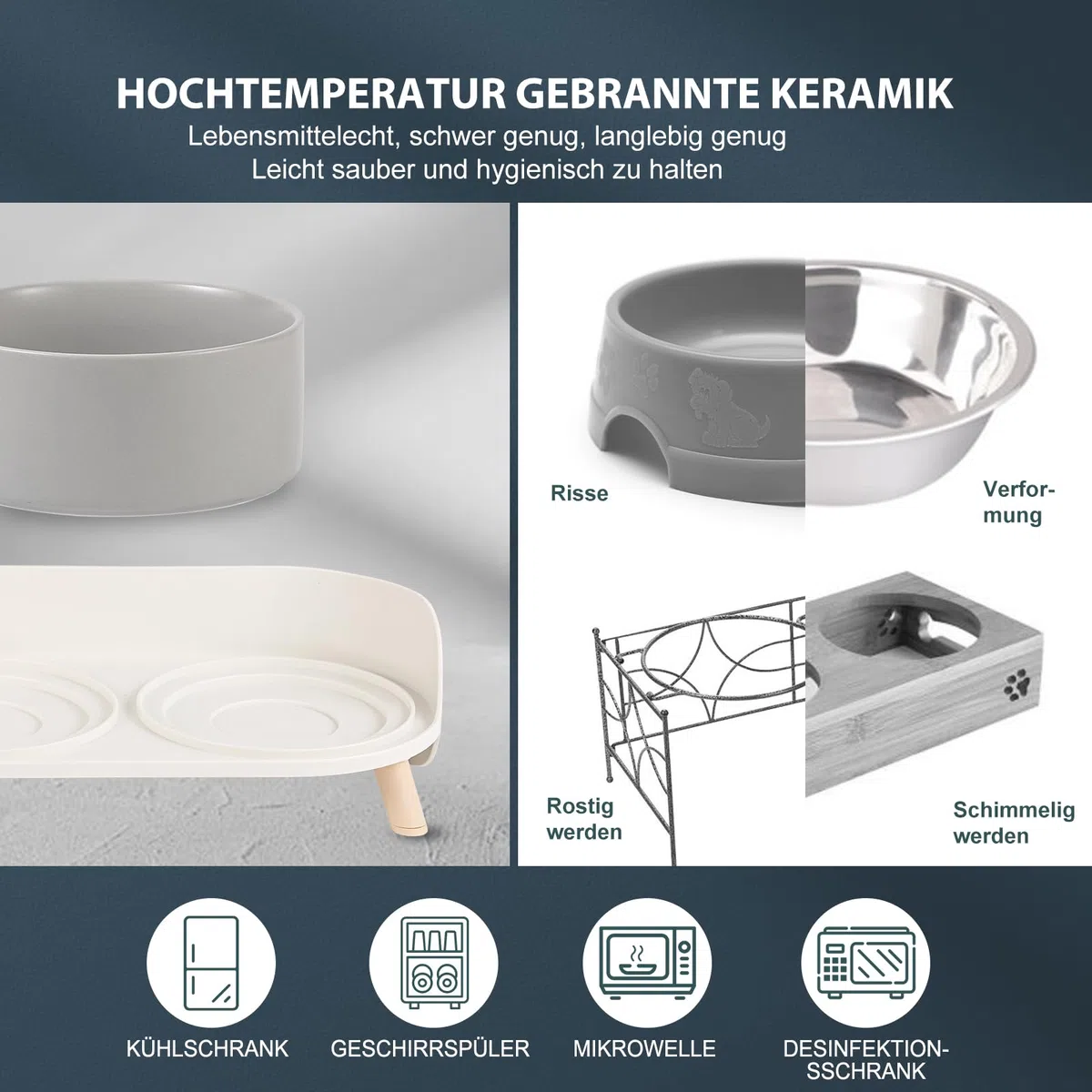Katzennapf Keramik erhöht mit Ständer, Doppelnapf rutschfest mit Spritzschutz, Futter- und Wasserschalen für Katze, Welpen und kleine Hunde, komfortable Fresshöhe, leicht zu reinigen, 2 x 320 ml Grau