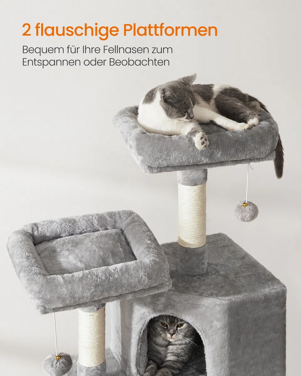 FEANDREA Kratzbaum klein, Katzenbaum mit Kratzbrett, Plattformen, für Katze, weicher Plüsch, 115 cm, vollständig mit Sisal umwickelte Säule, hellgrau PCT141W01